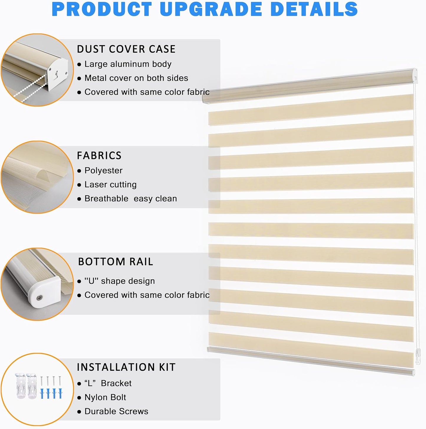 Zebra Blinds for Windows, Free-Stop Zebra Shades, Dual Layer Light Filtering Sheer Blinds for Indoor Windows, Roller Window Shades for Privacy (33" W X 72" H, Cream)