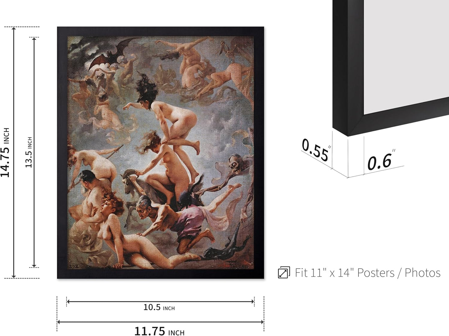 Poster Master Vintage Luis Ricardo Falero Poster - Retro Occult Print - Gift for Gothic, Horror Fan - Witches Going to their Sabbath, Pagan - Wall Decor for Bedroom, Dorm, 11x14 Black Framed