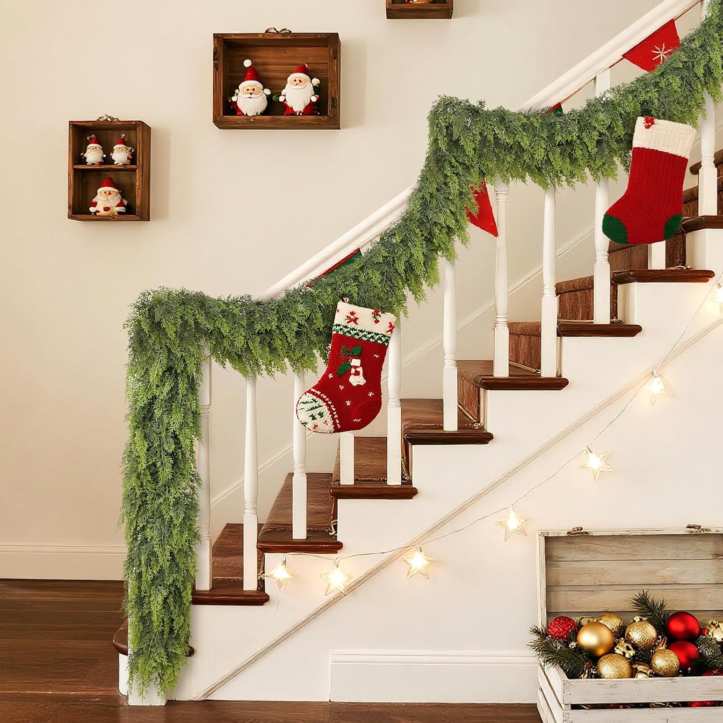 9FT Real Touch Cedar Garland for Fireplace - Artificial Christmas Garlands Realistic Faux Greenery Fake Pine Needles Garland for Holiday,Table, Window,Mantel,Stairs, Home,Indoor Outdoor Decor (2PCS)