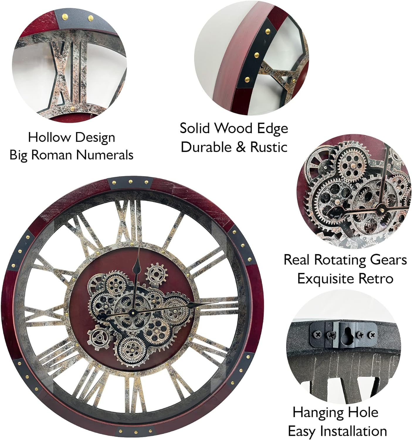 DORBOKER 27" Original Moving Gears Wall Clock, Large Industrial Wall Clock for Living Room Decor, Retro Metal Solid Wood Vintage Farmhouse Steampunk Rustic Clocks for Wall Decor,Cherry Red