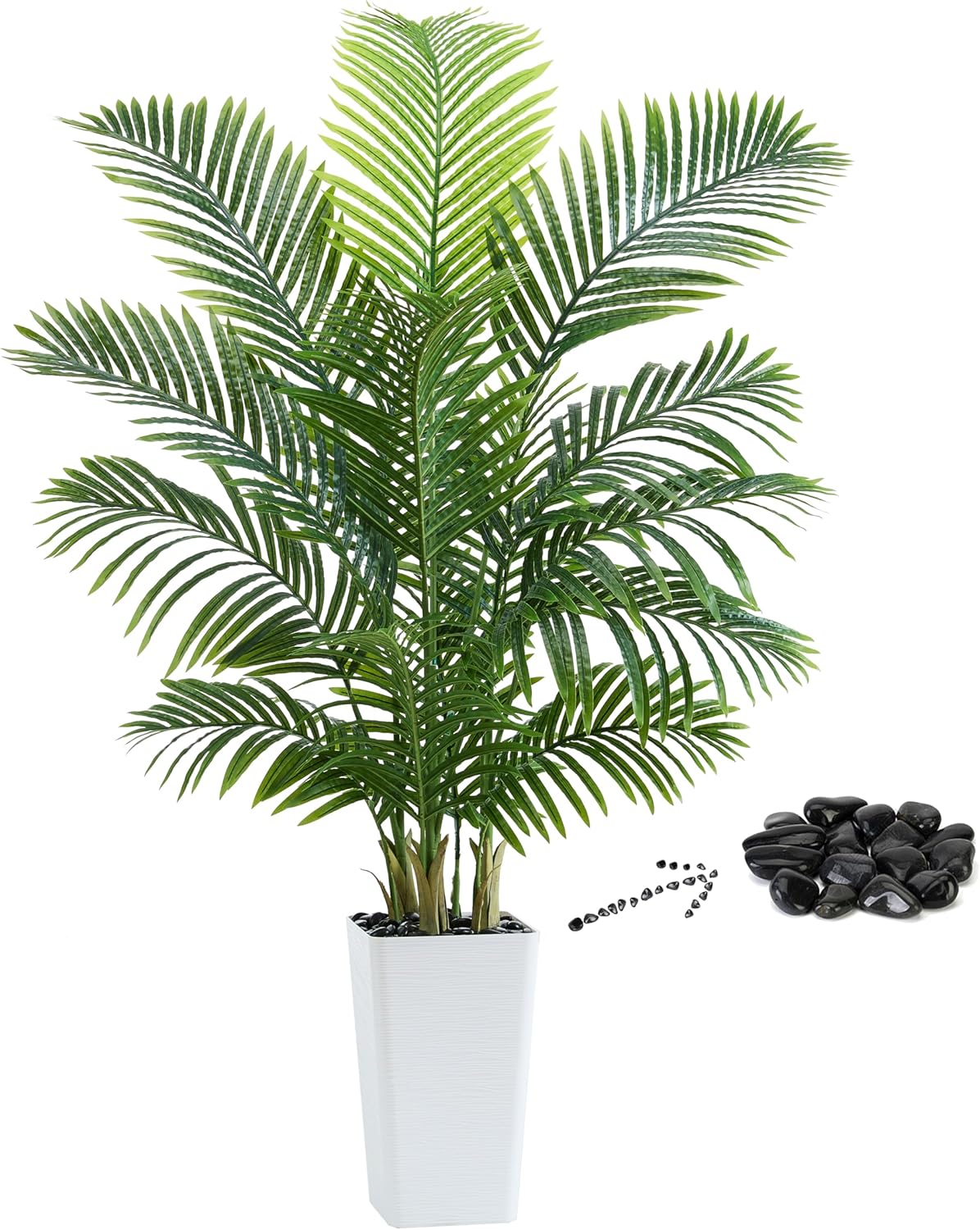 Artificial Palm Tree 5FT - Tall Fake Tree with White Taper Planter & Pebbles, UV Resistant for Indoor & Outdoor, Large Potted Faux Plant, Tropical Areca Floor Plant for Living Room, Office, Home Decor