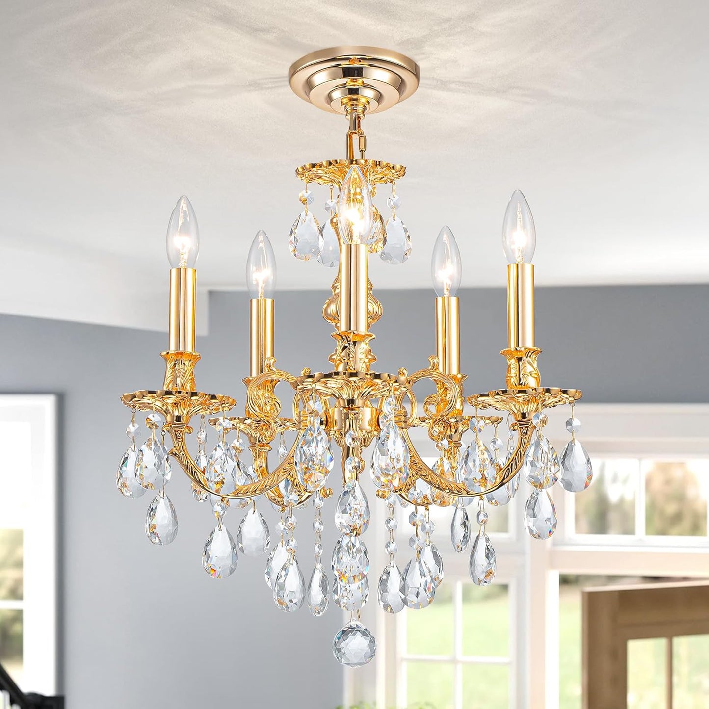 French K9 Crystal Maria Theresa Chandeliers, Luxury Vintage Pendant Light Fixture for Dining Room, Living Room, D17.7*H25~72 inch (Adjustable), Clear Crystal & Brass Finish Frame