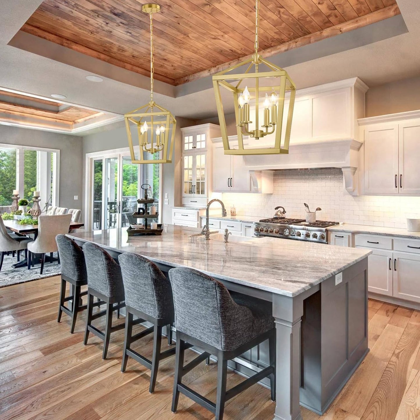 Gold Chandelier 4-Light, Farmhouse Pendant Light Fixture Adjustable Height, Modern Dining Room Light Fixture, Lantern Ceiling Hanging Lighting with Metal Cage for Kitchen Island Entryway Foyer