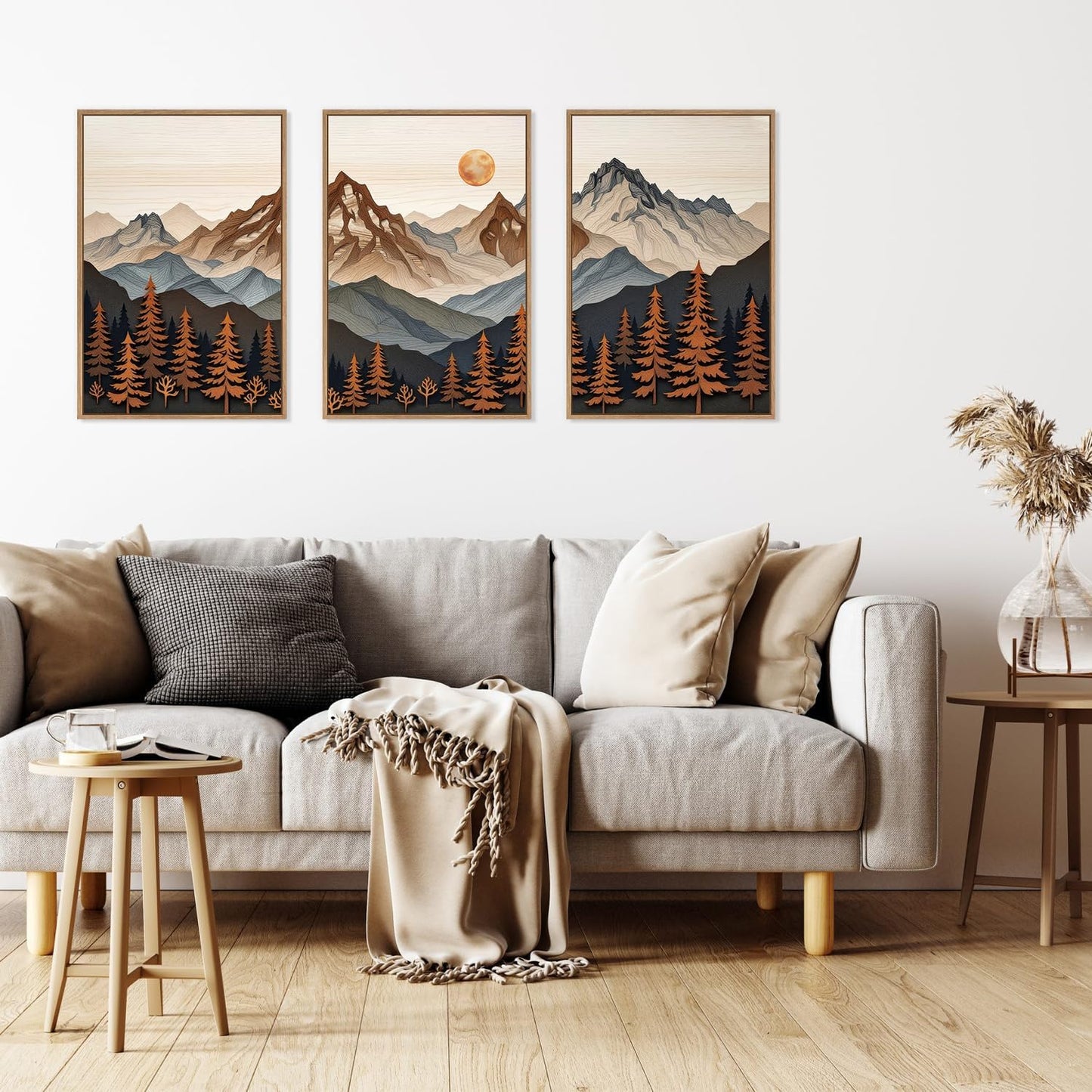 HLNIUC Large Boho Mountain Framed Canvas Wall Art Set,Woodcut Style Mountain Wall Decor,Vintage Forest Pine tree Art Prints,Nature Sunrise Landscape Wall Painting for Living Room,Bedroom - 16”x24”x3