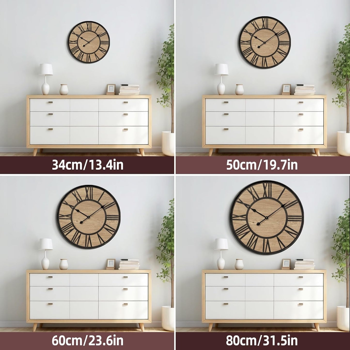 Large Wall Clock for Living Room Decor, Non Ticking Silent, Battery Operated Modern Vintage Wood Wall Clock Oversized Decorative Wall Clock for Bedroom Kitchen Farmhouse Office Decor