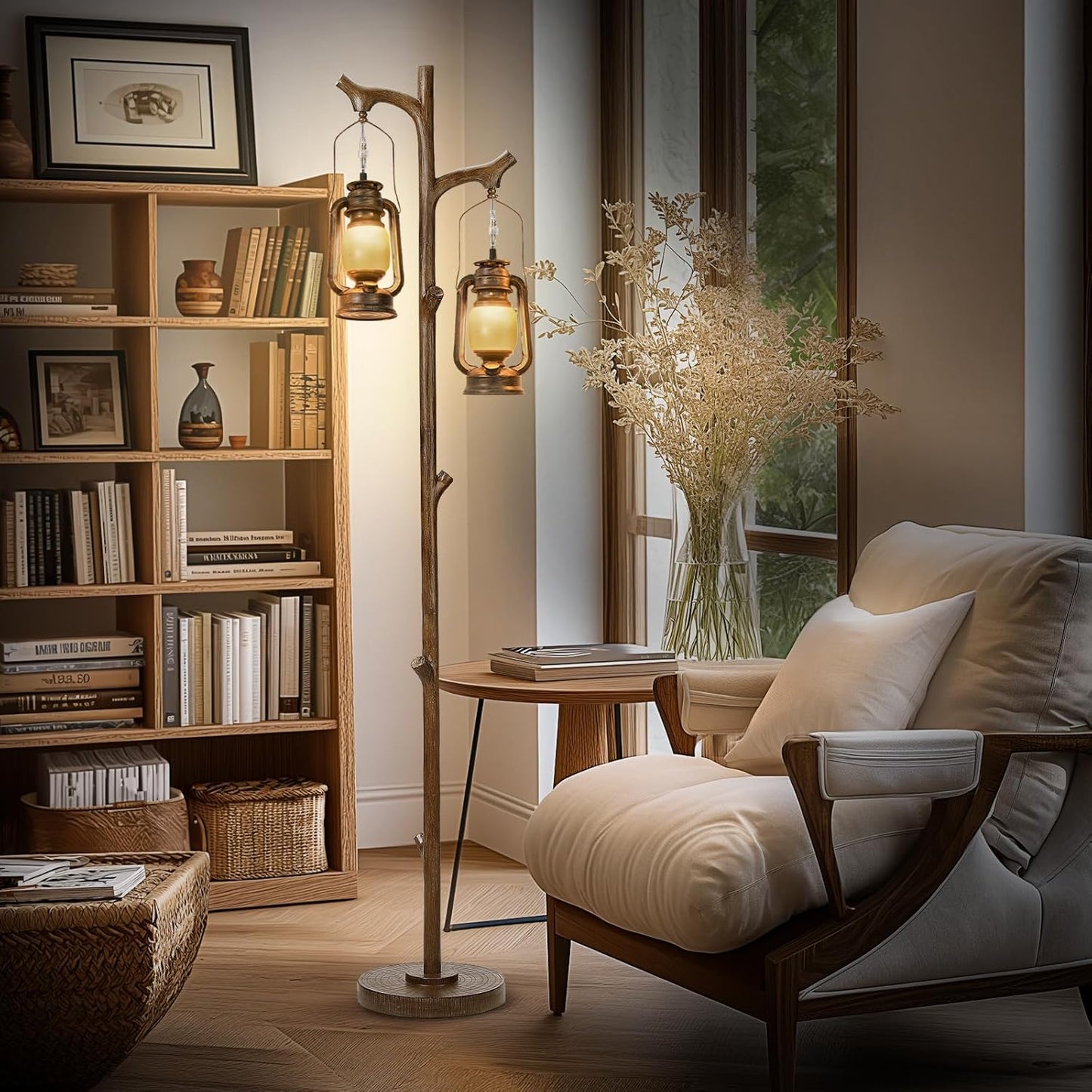 68" Rustic Farmhouse Tree Trunk Floor Lamp Country Brown Finish Wood Vintage Standing Tall Lamp with Lantern Stepless Dimmable Industrial Floor Lamp Decor for Bedroom Living Room Office Hotel