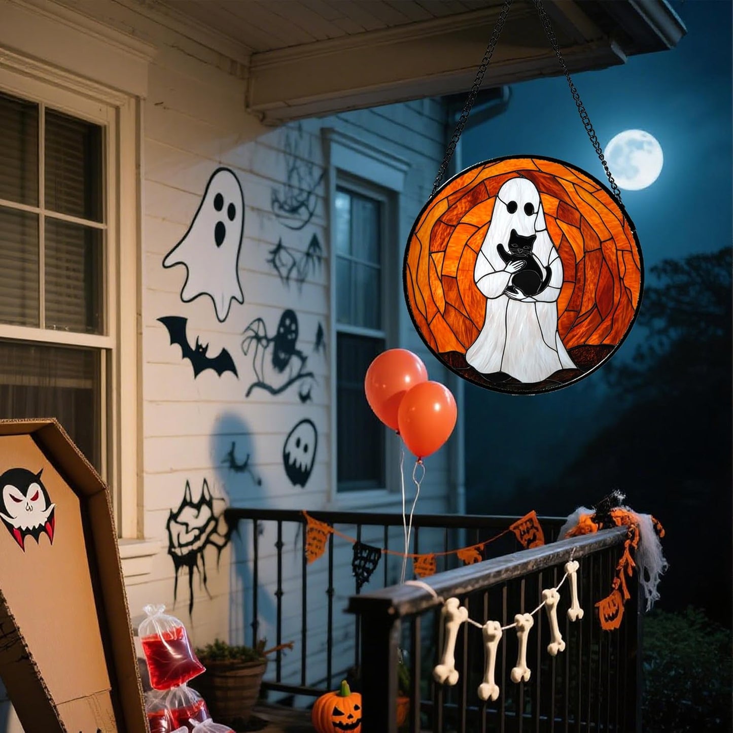 Stained Glass Window Hanging - Halloween Cute White Ghost Black Cat Suncatcher for Doors Garden Home Spooky Orange Sun Catchers Gothic Decor Horror Gift for Women Men Friend Boy Girl 9.8 in