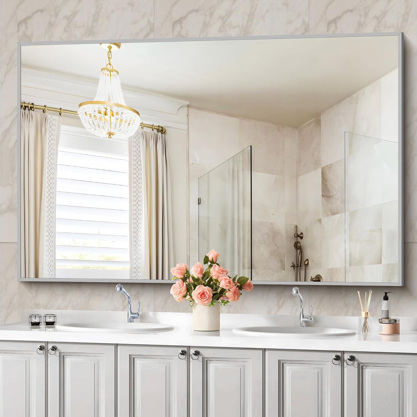 36x60inch Brushed Nickel Bathroom Mirror, Silver Rectangle Mirror with Frame, Large Rectangular Wall Mirrors for Bathroom, Living Roomm, Hair Salon, Big Mirror Hang Horizontal/Vertical