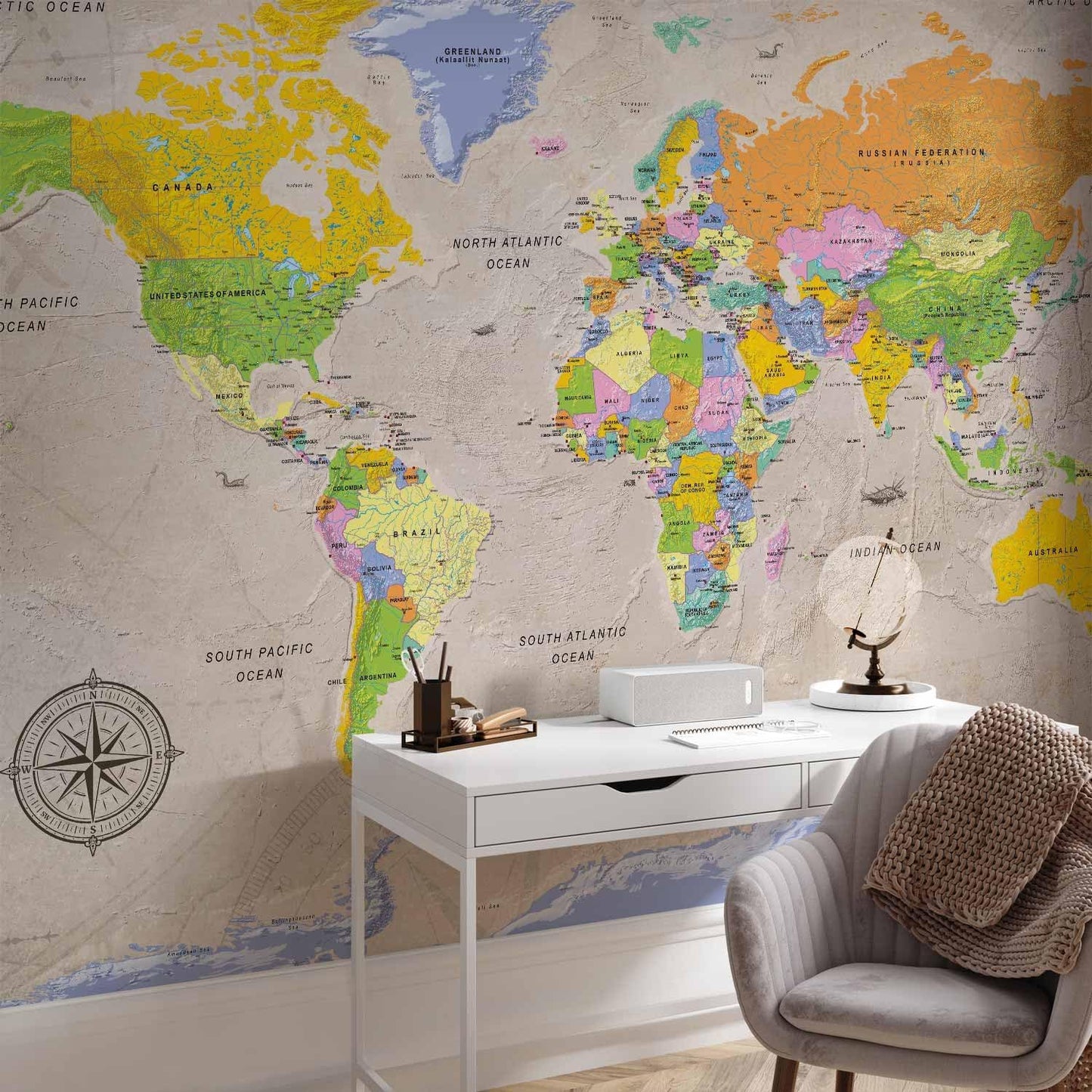 artgeist Wall Mural World Map 193x138 in - XXL Peel and Stick Self-Adhesive Wallpaper Removable Large Sticker Foil Wall Decor Print Picture Image Design Map of The World k-A-0129-a-a