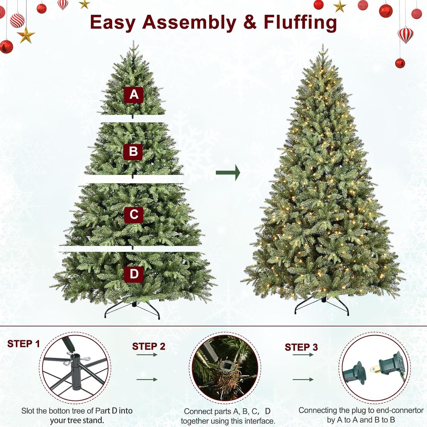 9FT Pre-Lit Artificial Christmas Tree with 3658 PE&PVC Mixed Branch Tips, 850 Warm White Lights, Hinged Premium Spruce Fake Xmas Trees, Green, Foldable Base
