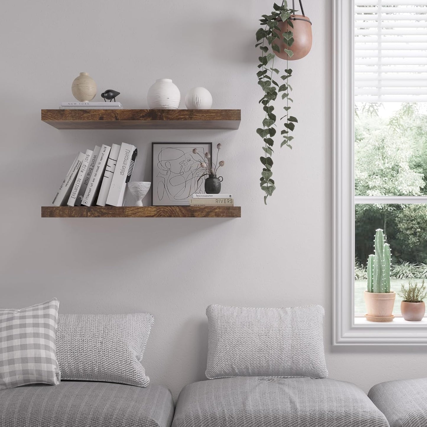 Floating Shelf, Set of 2 Wall Shelf, 30 in W x 12.75 in D x 2 in H Wooden Floating Wall Shelf with Invisible Brackets for Living Room/Bedroom/Bathroom/Kitchen Storage and Decor, Rustic Brown