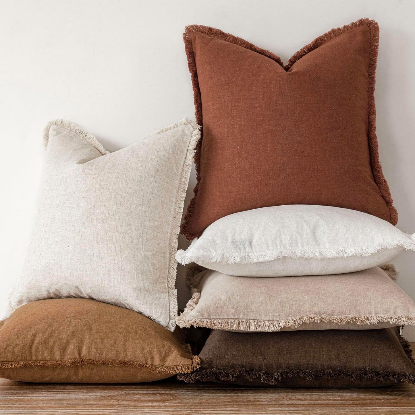 Foindtower Set of 2 Decorative Linen Fringe Throw Pillow Covers Boho Farmhouse Cushion Cover with Tassels Soft Accent Pillowcase for Couch Sofa Bed Living Room Home Decor, 26×26 Inch, Fall Rust Orange