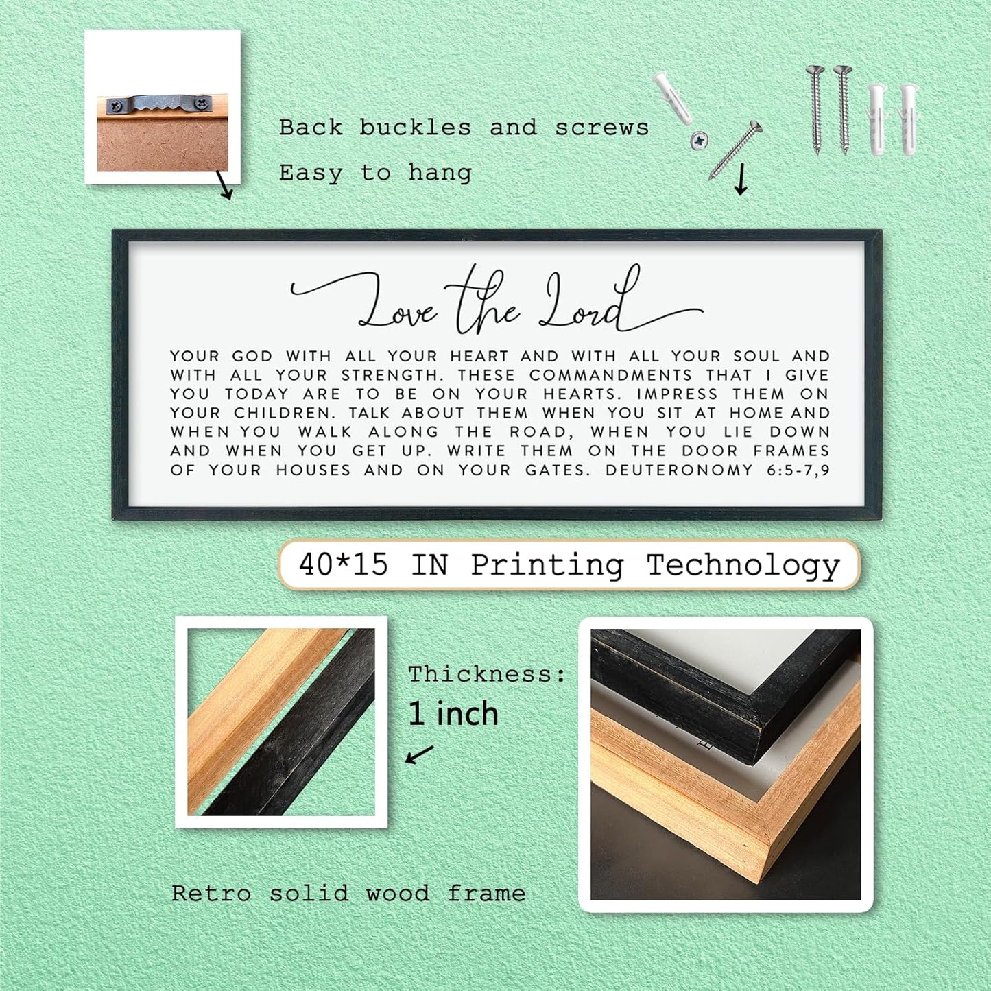 LuZhiQiang Love The Lord Your God With All Your Heart Wall Decor Art 40"×15" Deuteronomy 6:5-7, 9 Scripture Sign Bible Verse Large Wood Framed Wall Hanging (Black)