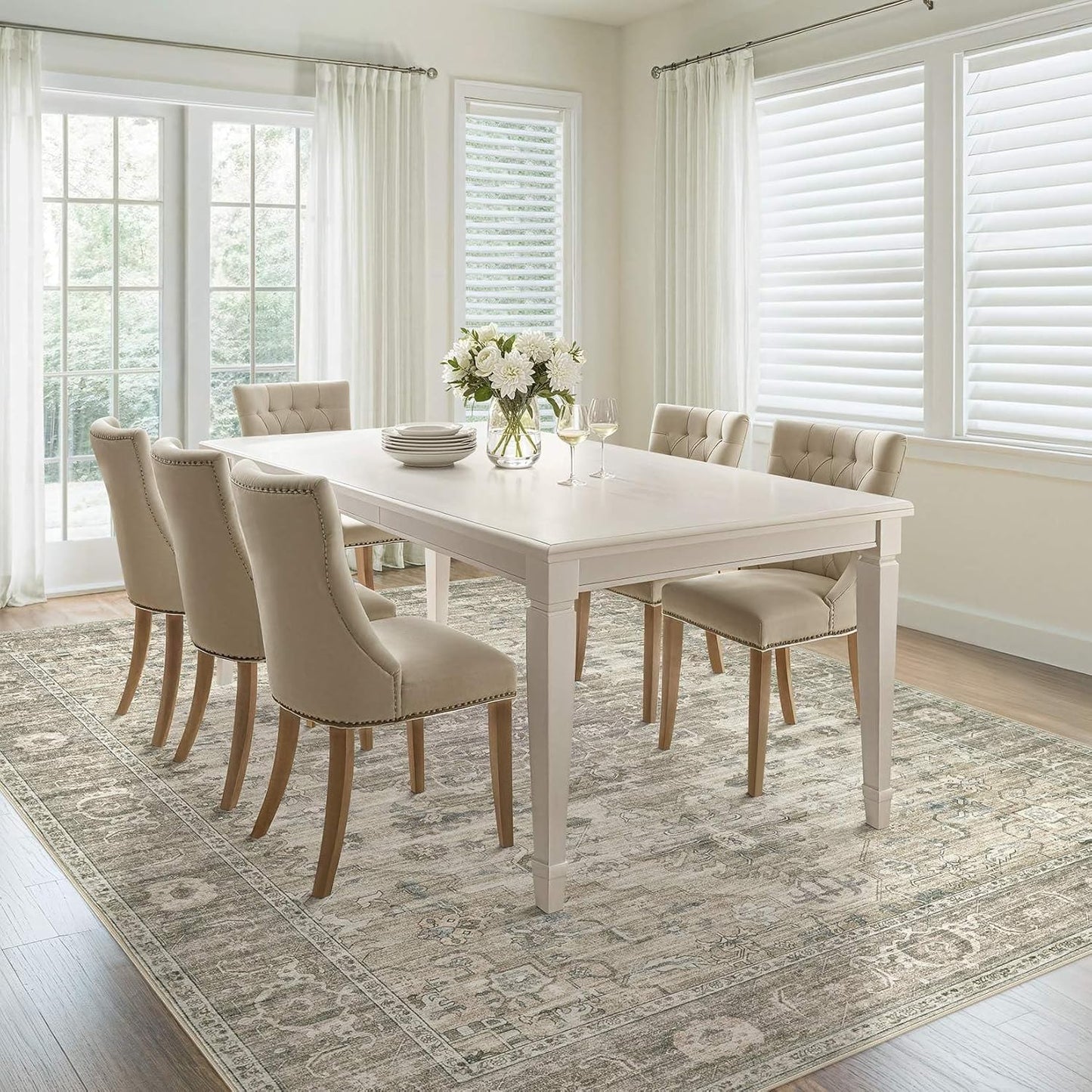 Washable Area Rugs for Living Room - 7x9 Neutral Vintage Distressed Floral Farmhouse Boho Large Soft Floor Rug Indoor Non Slip Carpet for Living Room Bedroom Dining Room Office - Brown/Tan