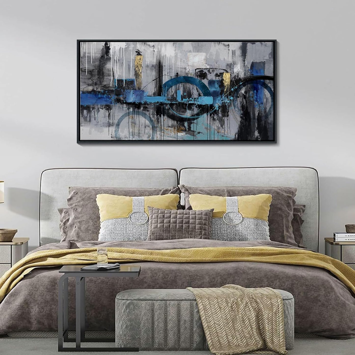 KLAKLA Abstract Canvas Wall Art - Blue and Gray Lnk Style Gold City Scenes Wall Decor Living Room Bedroom Decoration Black Frame Picture Artwork for Wall Modern Landscape Wall Decor