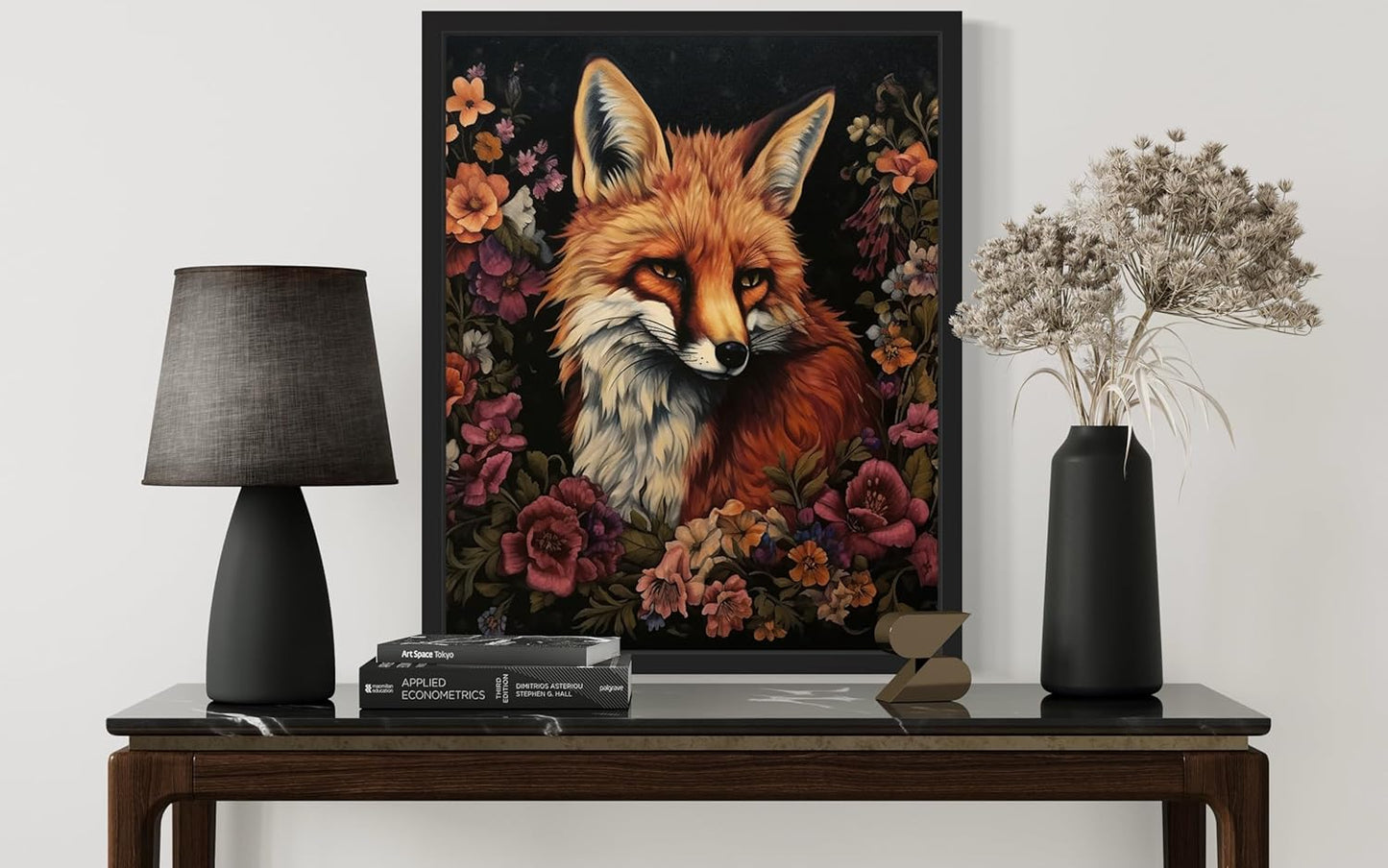 Fox and Flower Poster Art Print, Halloween Scary Vintage Wall Art Academia Spooky Painting Decoration for Horror Prints, Gothic Posters Bedroom Decor 89 (Fox and Flower, 8 x 10 inches, Black Frame)