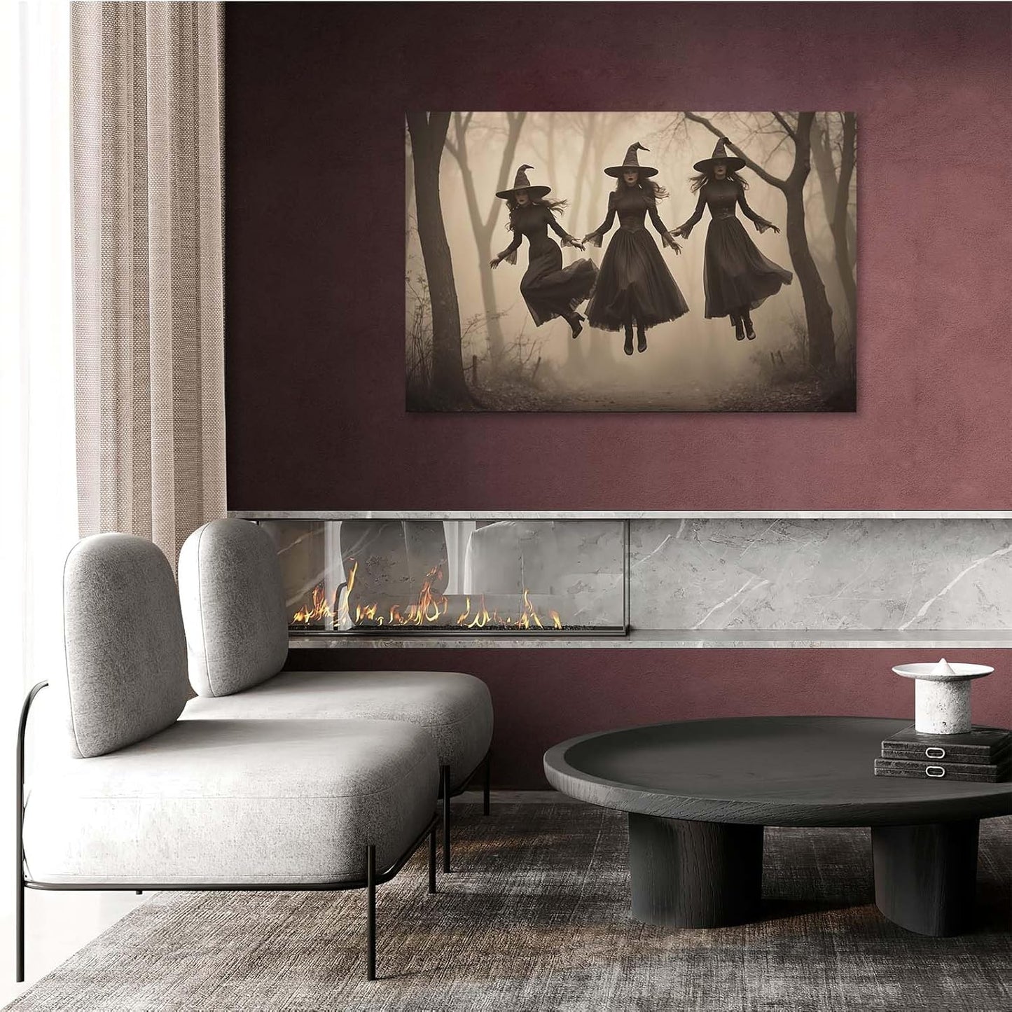 JFHCQJPK Three ghost witches flying in vintage forest gothic wall art witchcraft decoration holiday gift canvas wall art print20x30in Frameless