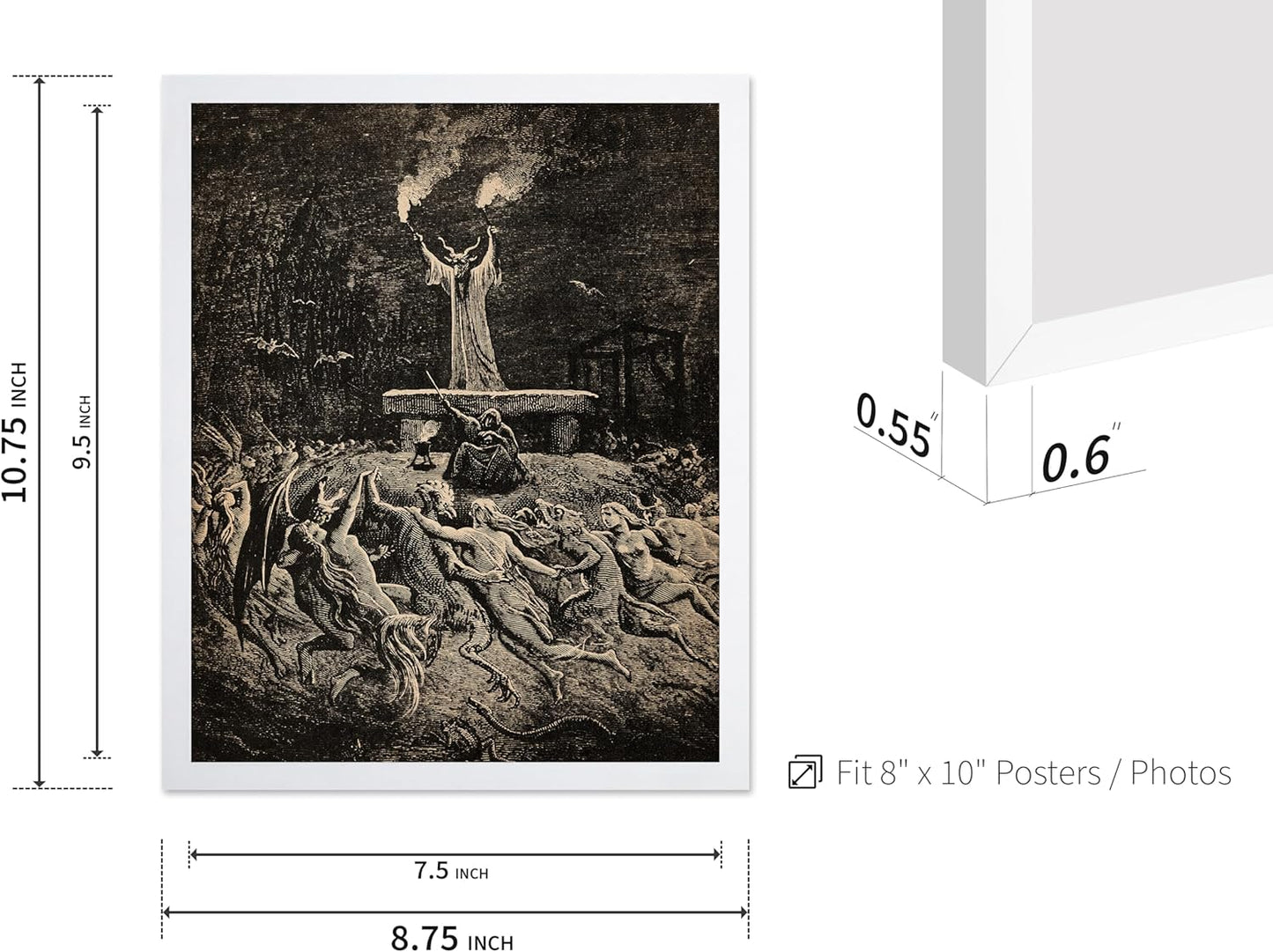Poster Master Vintage Gustave Dore Poster - Retro Illustration Print - Gift for Gothic, Horror Fan - Dance of Sabbath, Witch, Magic, Spell - Wall Decor for Bedroom, Dorm, 8x10 White Framed