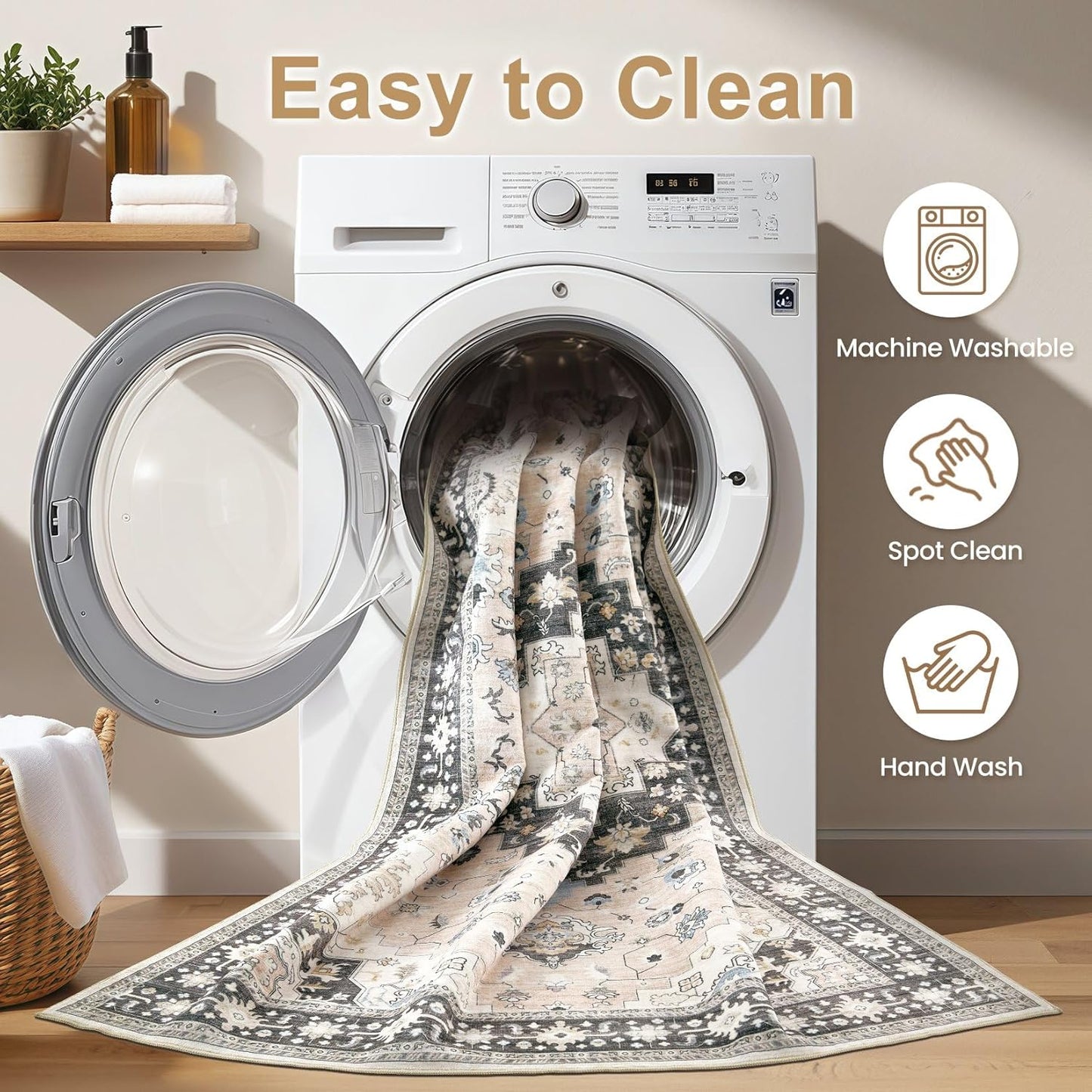 Washable Area Rugs for Living Room - 9x12 Neutral Vintage Distressed Floral Farmhouse Boho Large Soft Floor Rug Indoor Non Slip Carpet for Bedroom Dining Room Office - Pink/Dark Green