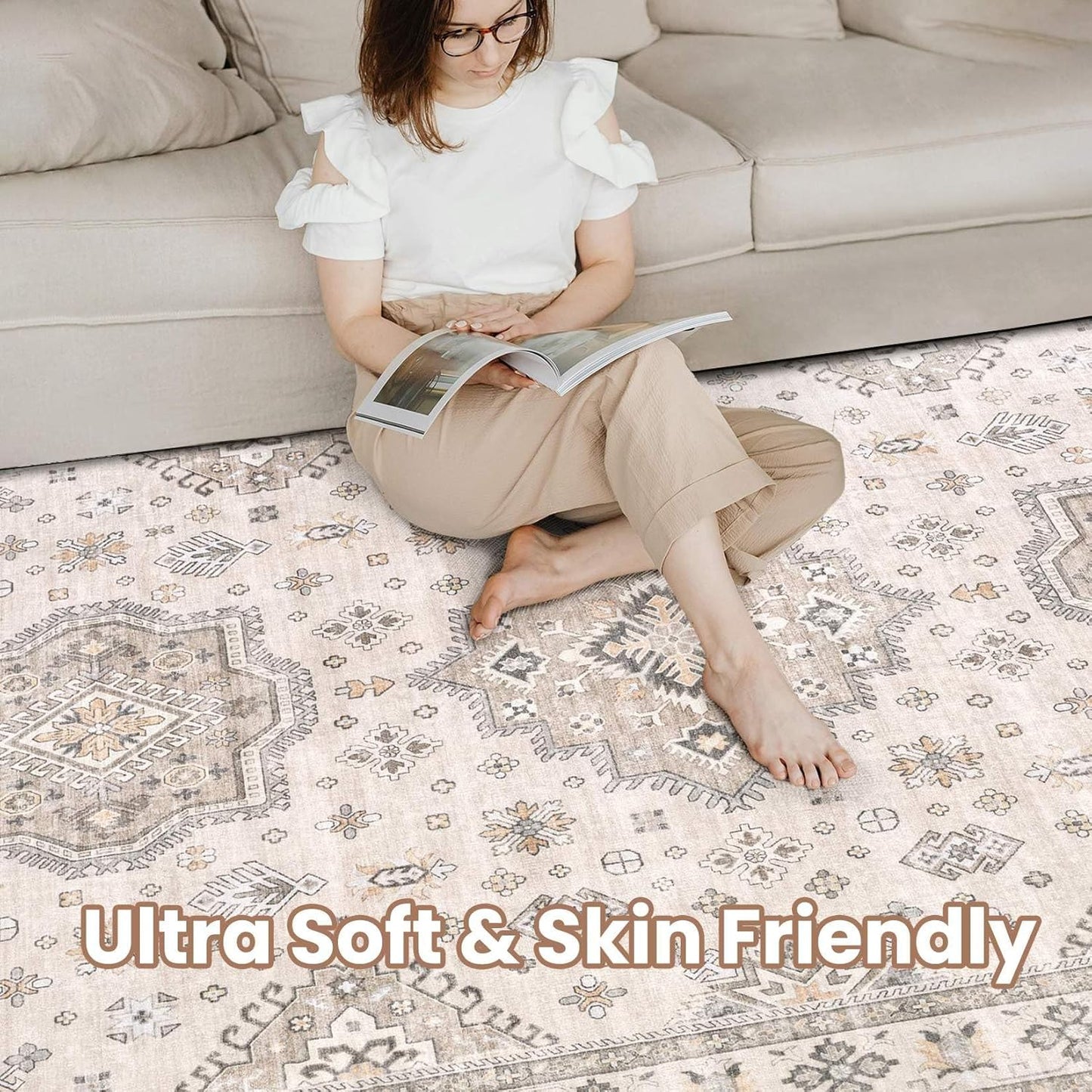 Washable Area Rugs for Living Room -9x12 Neutral Vintage Distressed Floral Farmhouse Boho Large Soft Floor Rug Indoor Non Slip Carpet for Living Room Bedroom Dining Room Office -Beige Brown