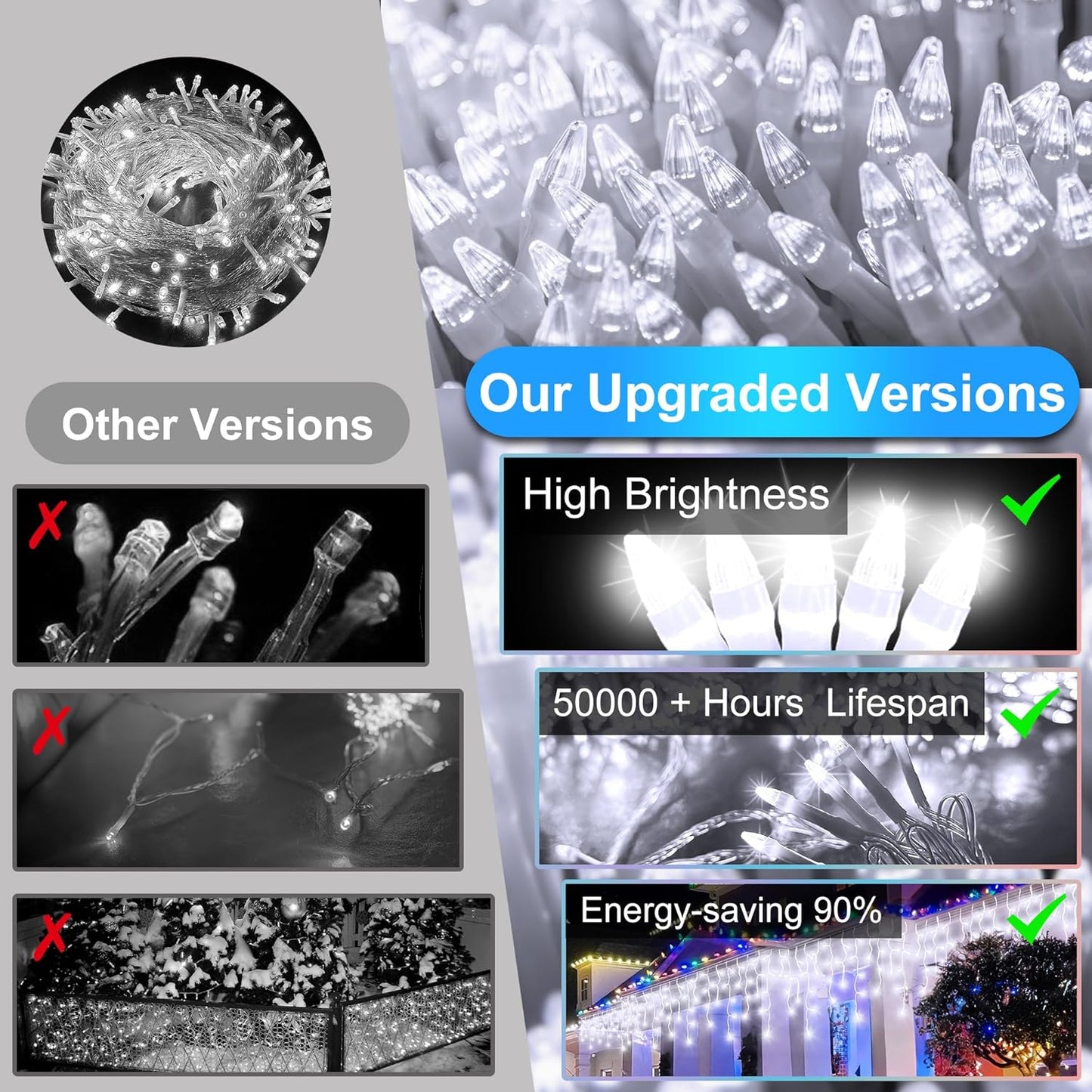 504LED 50ft Christmas Lights, 112Drops 12 Modes Cool White Christmas String Lights Outdoor Dimmable, Waterproof Christmas Decoration Fairy Lights with Timer for Indoor Eaves Party Patio Window Fence