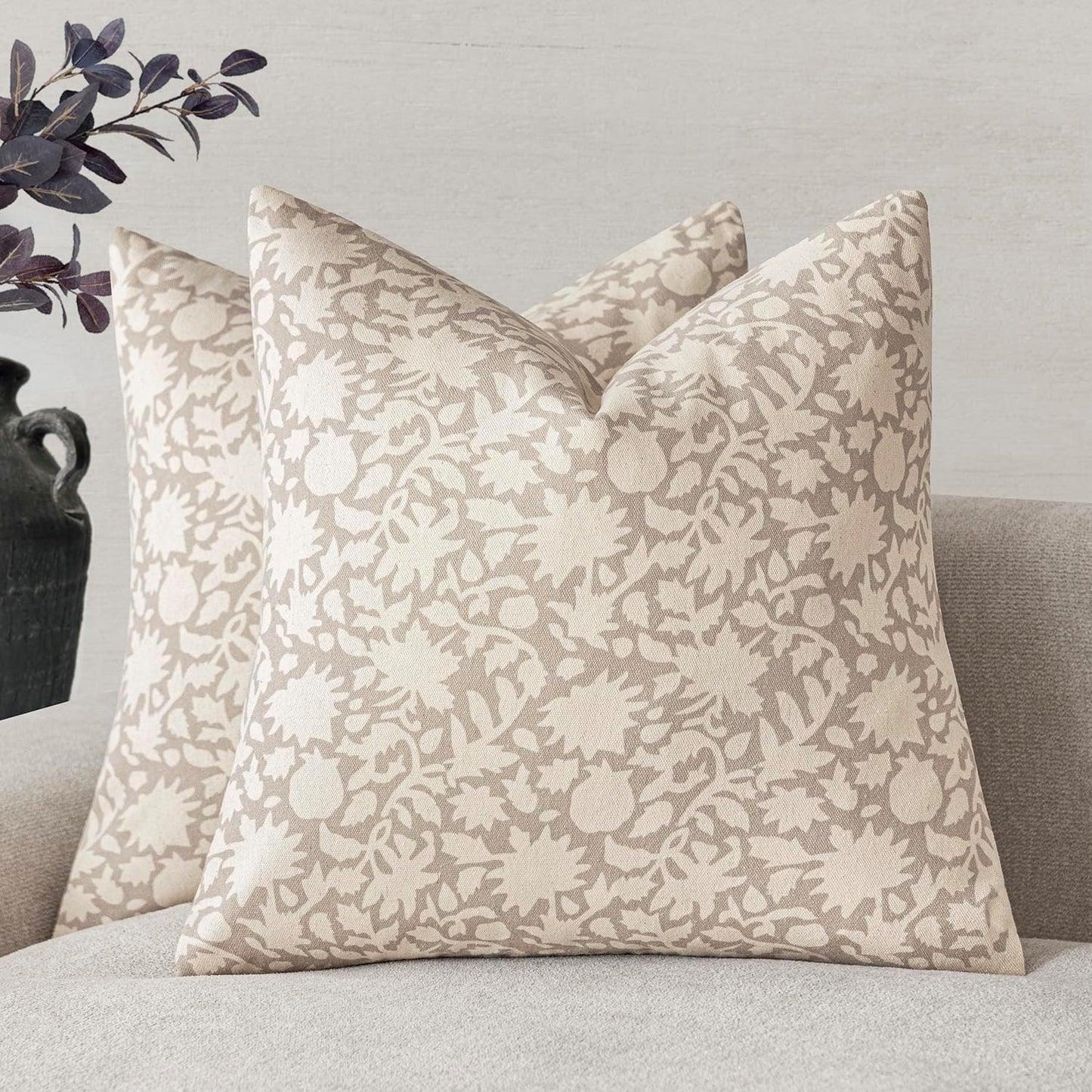 Foindtower Set of 2 Decorative Neutral Floral Throw Pillow Covers Accent Farmhouse Cushion Covers Boho Vintage Pillowcase for Couch Sofa Bedroom Living Room Home Decor Outdoor,22×22 Inch,Ivory Beige