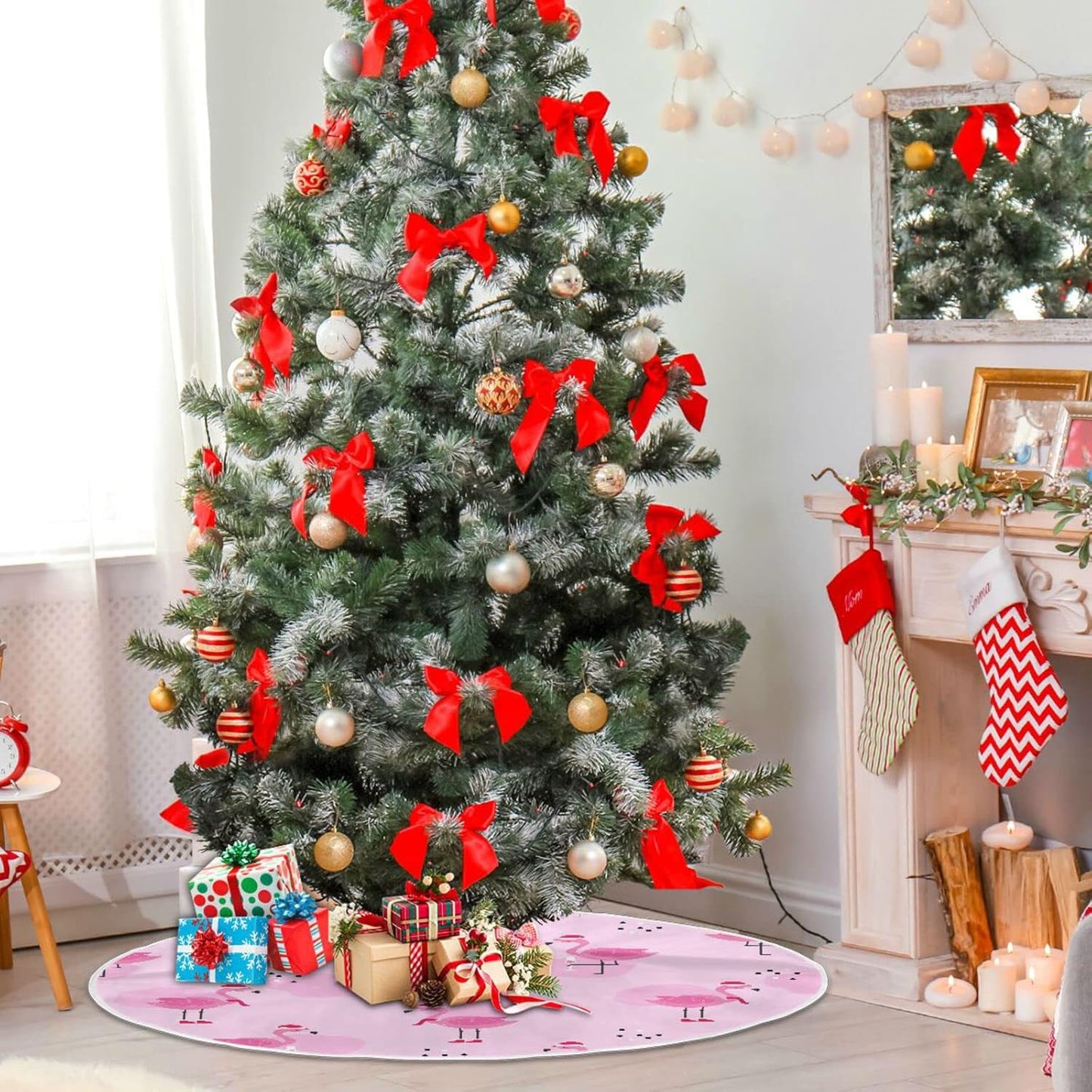 Christmas Flamingo Champagne Tree Skirt, Seasonal Tree Mat Holiday Party Supplies Ornaments Indoor Outdoor Decorations for Tabletop Trees 47.2 Inches