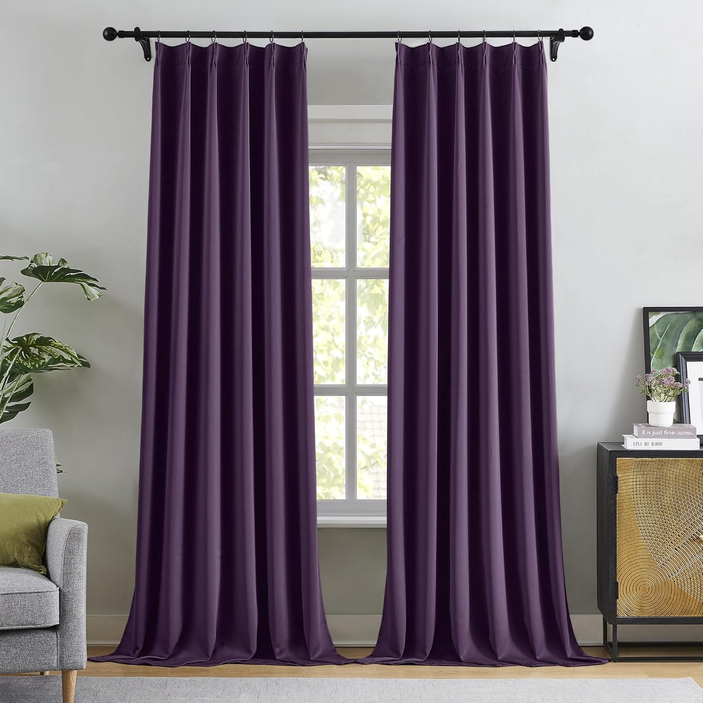 KangBang Royal Purple Pleated Long Curtain Drapes 120 Inches Long, Blackout Thermal Insulated Fashion Drapes for Living Room Sliding Door, Solid Modern Lush Decor, W40xL120,2 Panels