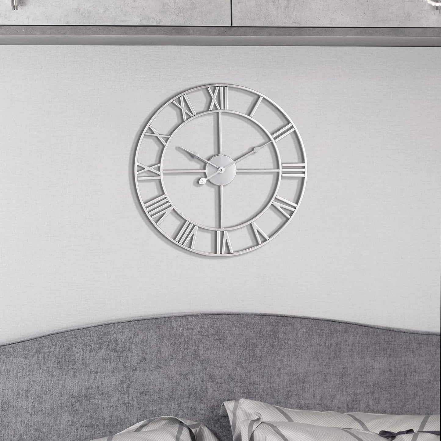 LEIKE 18.5" Modern Large Wall Clocks,Vintage, Round,Silent Non Ticking,Battery Operated,Silver Metal Roman Numerals Clock for Living Room/Bedroom/Kitchen Decor