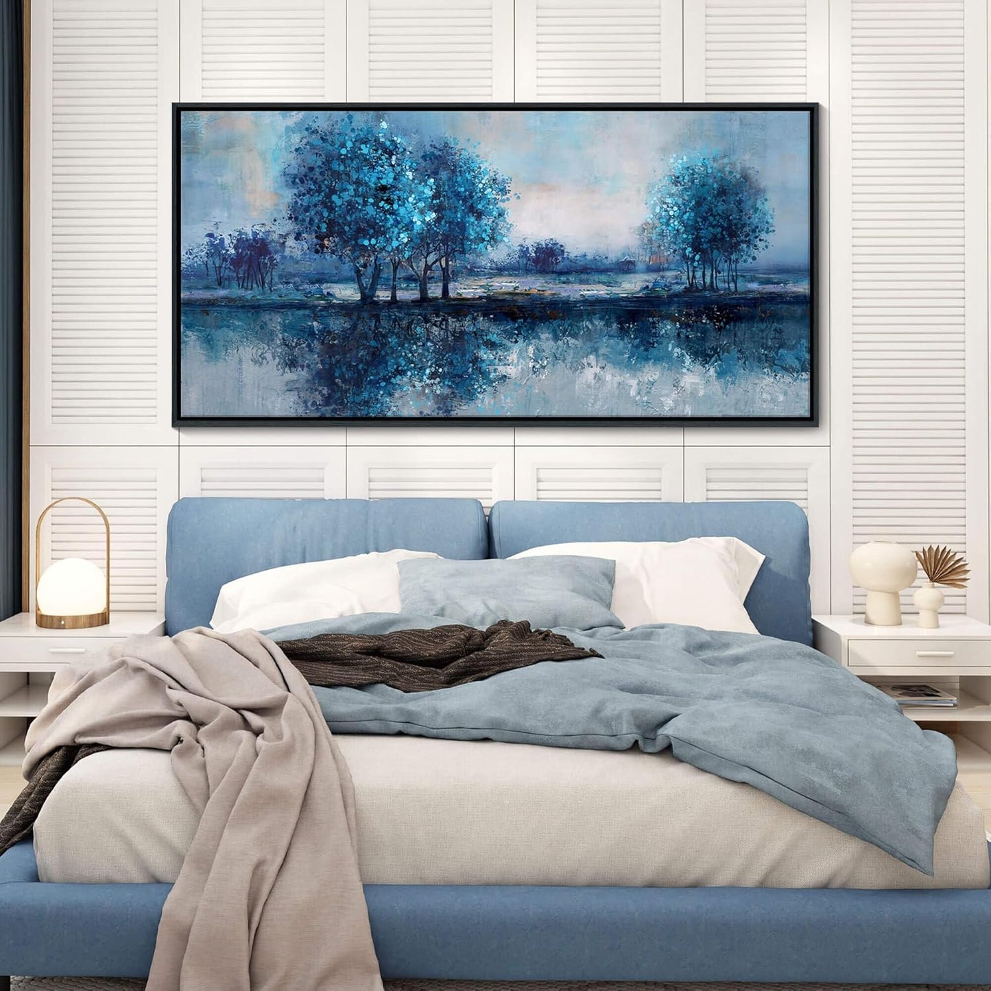 Framed Canvas Wall Art Canvas Prints Pictures for Bedroom Blue Tree Wall Art Painting Nature Landscape Artwork Large Size Picture for Home Office Living Room Bedroom Bathroom Wall Decor 20”x40”