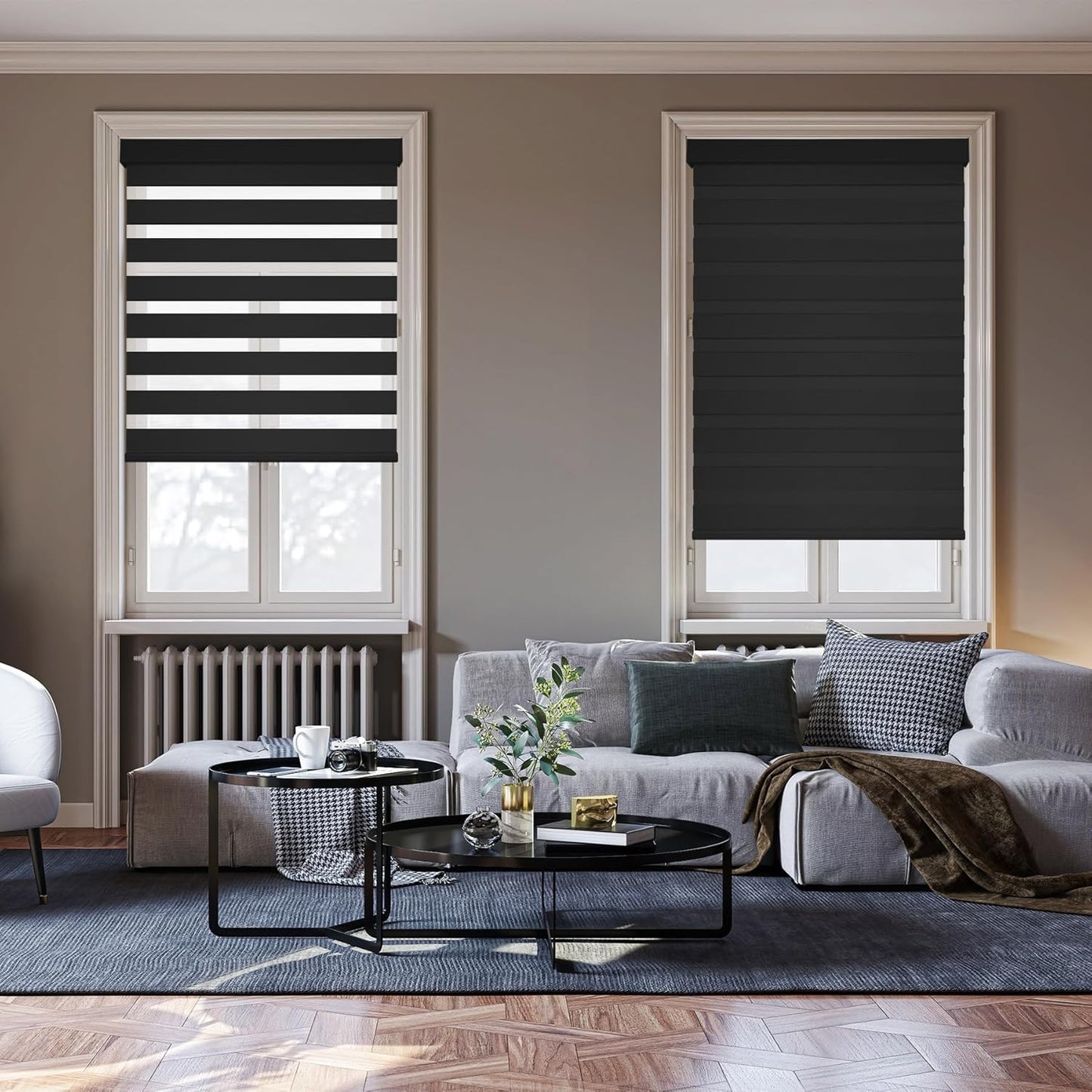 HESTIA Cordless Zebra Blinds Light Filtering Roller Shades UV Blocking Blackout Privacy Indoor Window Shades for Home Office Day and Night, Black,36" W x 60" H