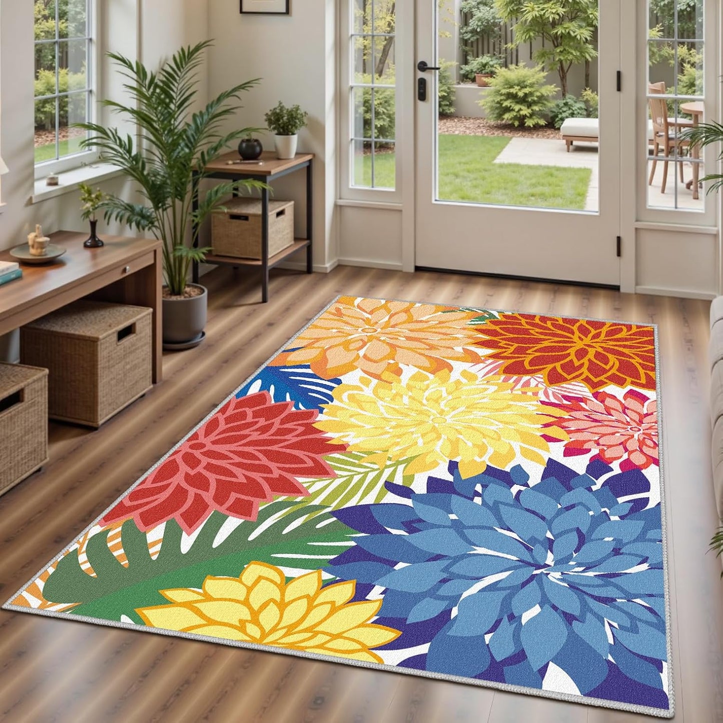 Area Rug 3x5 Washable Entry Rug Multicolored Tropical Botanical Modern Floral Indoor Kitchen Door Mat Entrance Carpet Non Slip for Bedroom Living Room, Porch