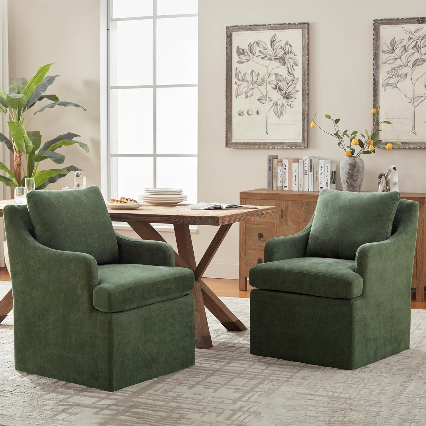VKNOW Upholstered Dining Chairs Set of 2, Modern Kitchen Chair Dinner Chairs with 4 Casters, Linen Armchair for Bedroom Reading Room, Green