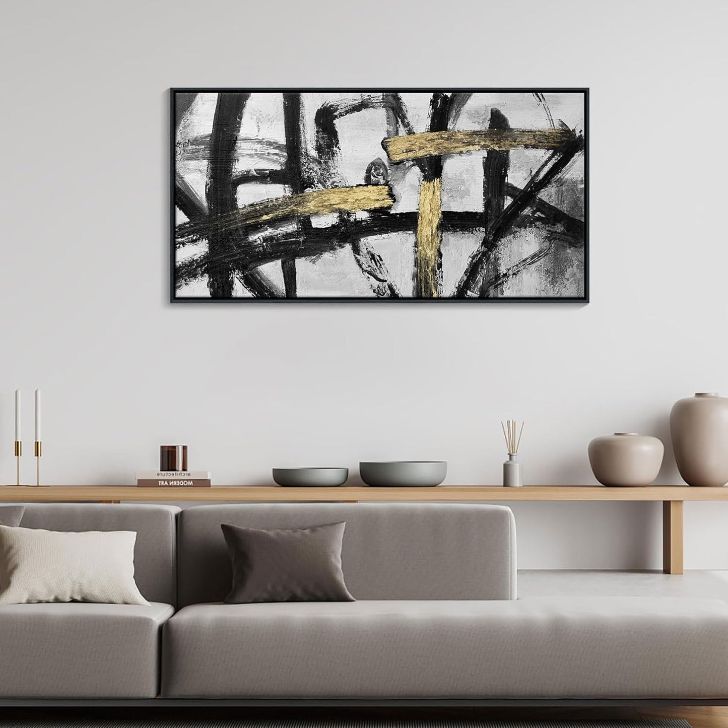 CHATYOUNG Wall Art Modern Abstract Paintings - Large Golden Thread Canvas Prints Black White and Gold Interweaving Wall Pictures Prefer for Bedroom Living Room Office Decor,Framed, 29 x 58 In