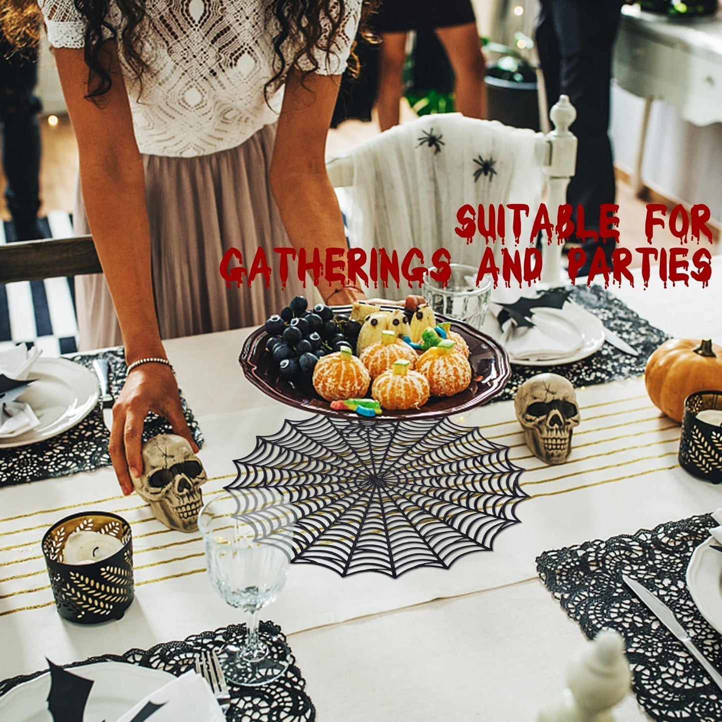 8 Pcs Spider Web Placemats - 15" Heat Insulation Table Mats - Hollow Out Spiderweb Coasters for Dining Table Halloween Decoration (Black)