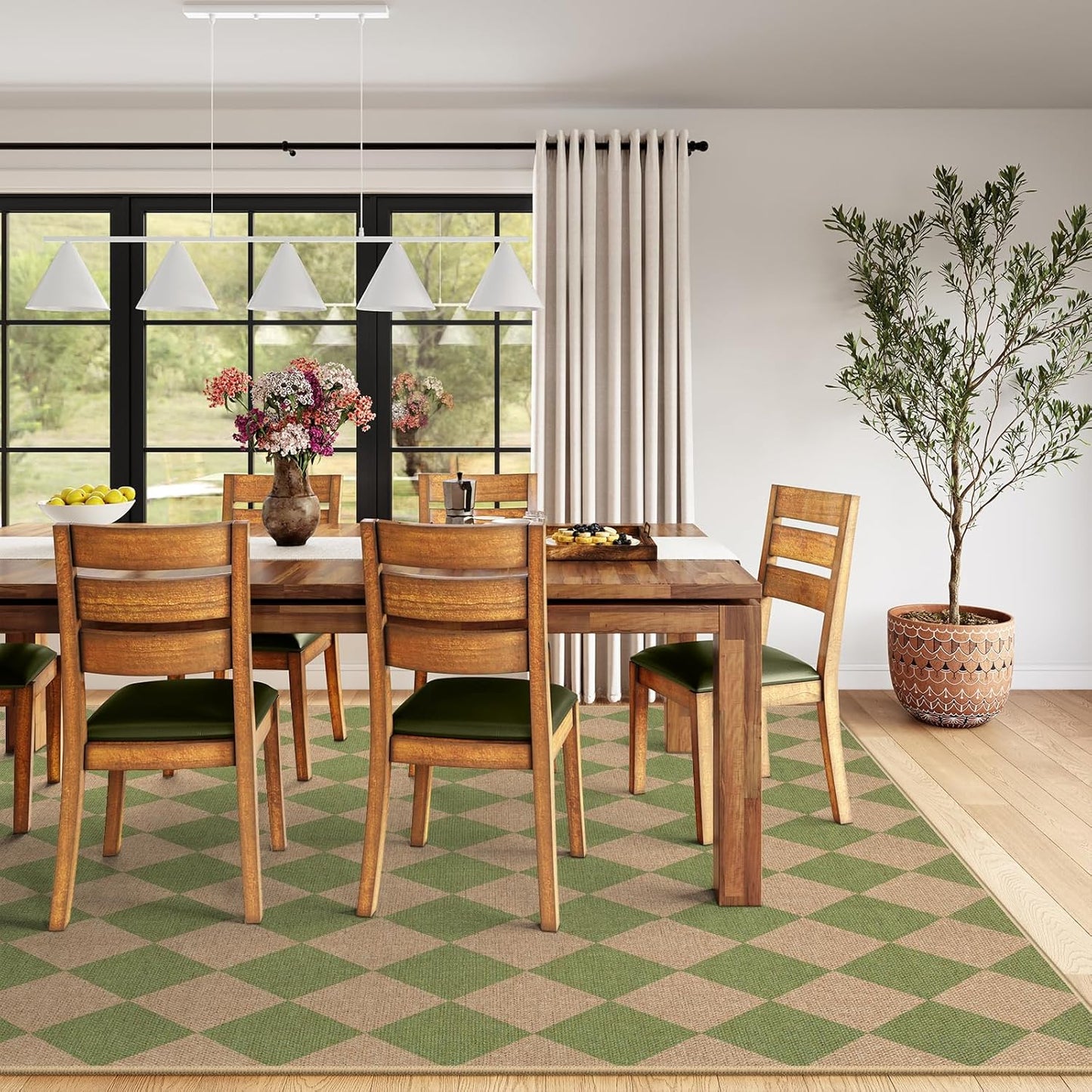 Lahome Checkered Dining Living Room Rug, 8x10 Washable Indoor Outdoor Easy Jute Rug, Farmhouse Neutral Diamond Non Slip Non Shedding Floor Carpet for Sunroom Deck Classroom Office