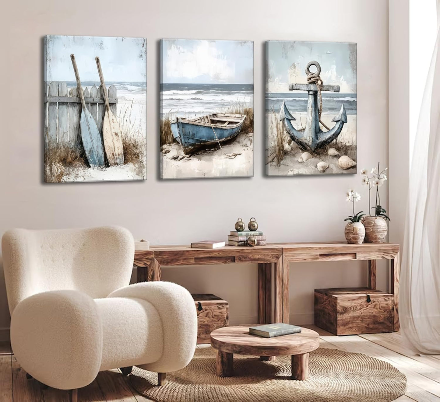 3Pcs Coastal Beach Canvas Wall Art Sailboat Paddle And Anchor Paintings Pictures Wall Decor Nautical Posters Prints Artwork Suitable for Living Room Bedroom Home Office Corridor Home Decroation