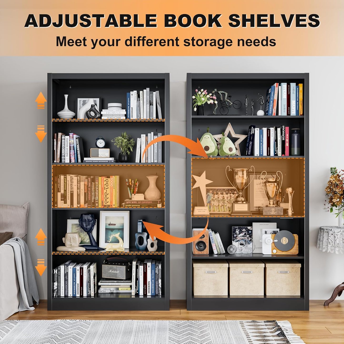 66" Tall Metal Bookcase, 5 Shelf Black Bookcase with Adjustable Shelves, Large Bookshelves and Bookcases, Modern Book Shelf Storage Organizer for Living Room, Home Office, Library (Black)