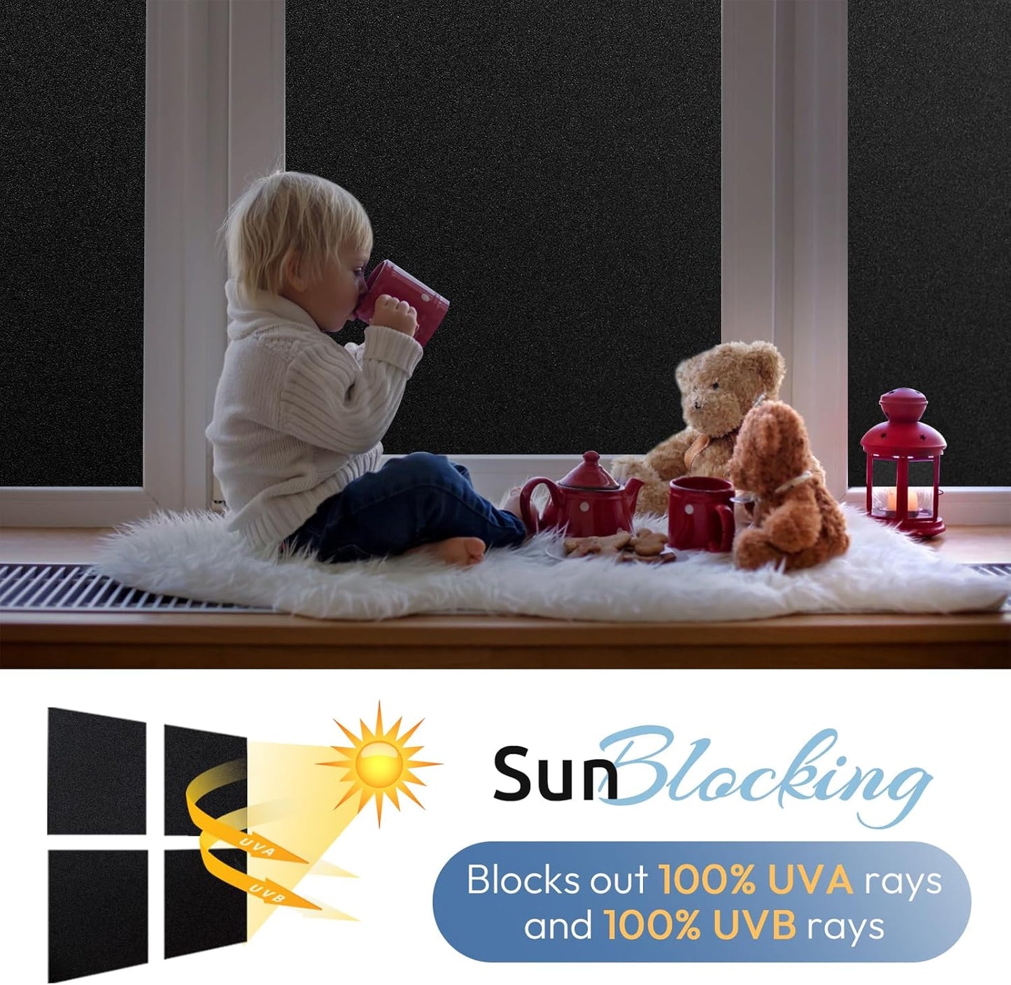 rabbitgoo Blackout Window Film, Sun Heat Blocking Privacy Cover for Glass, Removable Opaque Room Darkening Dark Black Out Window Covers Tint Shades for Home Day Sleep Light Blocker 35.4 x 78.7 Inches