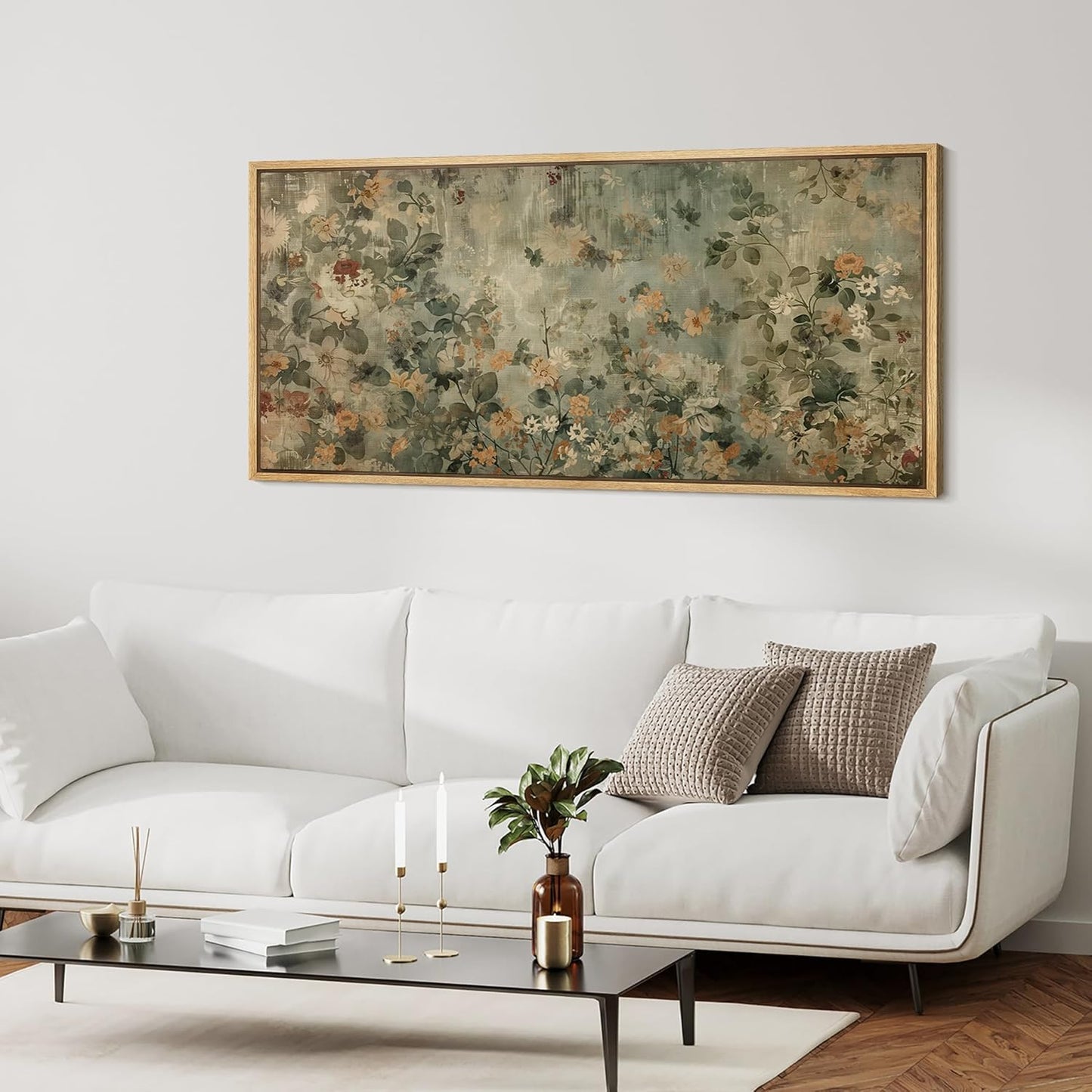 MUDECOR Extra Large Framed Canvas Print Wall Art Minimalist Ink Branches Illustrations Antique Retro Fine Art Illustrations Decorative Colorful for Bedroom - 60"x30"