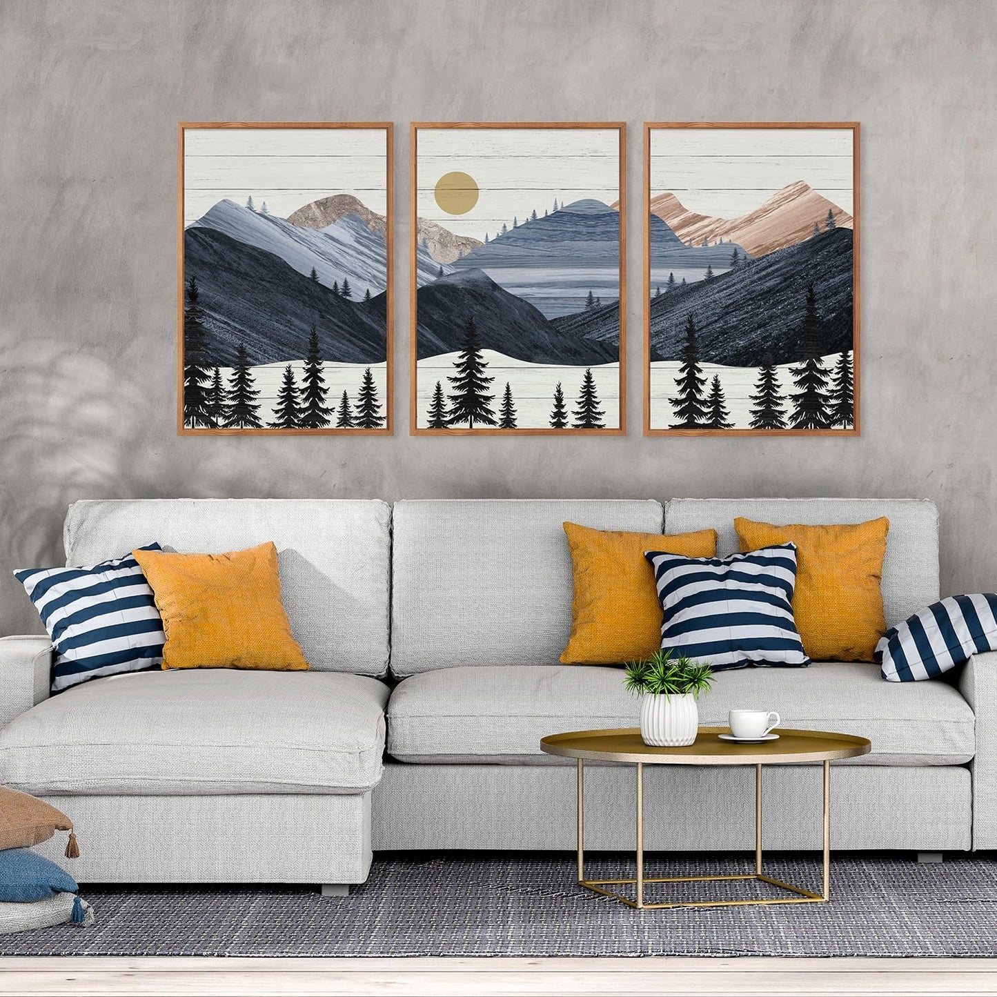 KAIRNE Mountain Canvas Wall Art,Abstract Landscape Wall Decor Set of 3(16”X24”),Sunrise Pine Forest Nature Prints,Wilderness Scenery Pictures for Living Room Bedroom Farmhouse Office Decor,Framed