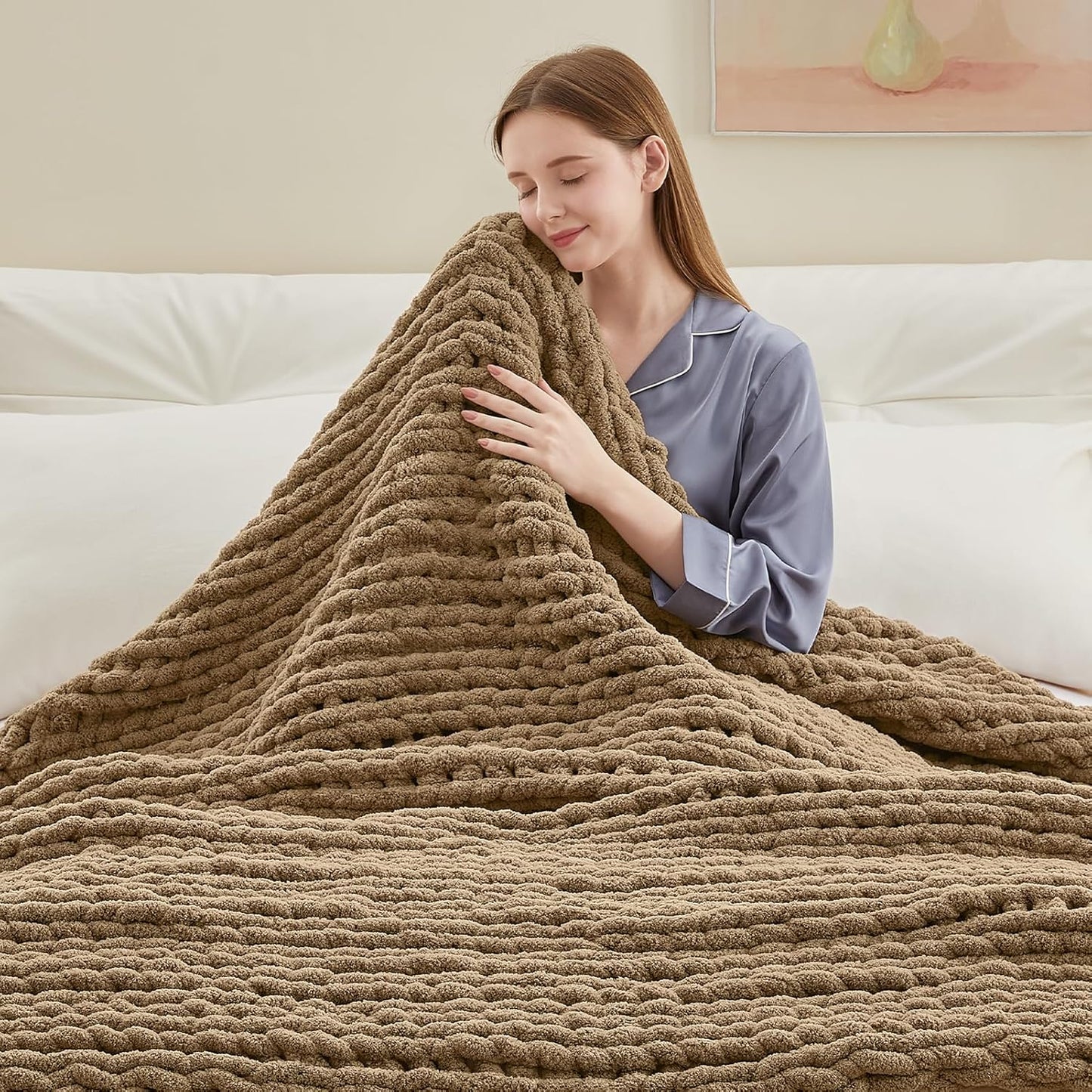Chunky Knit Throw Blanket, 40''*50'' Knitted Throw Chenille Yarn for Bed Couch, Handmade Light Brown Crochet Big Thick Blanket, Machine Washable Cute Comfy Blanket for Home Decor