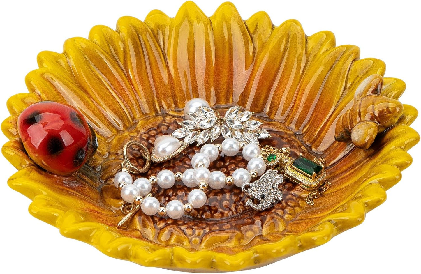 Sunflower Jewelry Dish Trinket Tray Ceramic Key Tray Bowl for Entryway Table, Sunflower Candy Dish Soap Holder Gift Decorative Bowl for Home Decor Kitchen Bathroom Sink (Bee, Ladybug)
