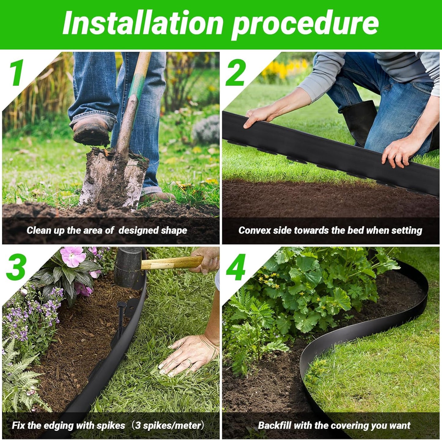 Greaner 40FT Garden Edging, 4 Inch Tall No Dig Landscape Edging, Heavy Sturdy Flower Bed Edging Borders, Yard Edging Borders Flexible for Lawn, Landscaping, Garden, Pathway（Black）