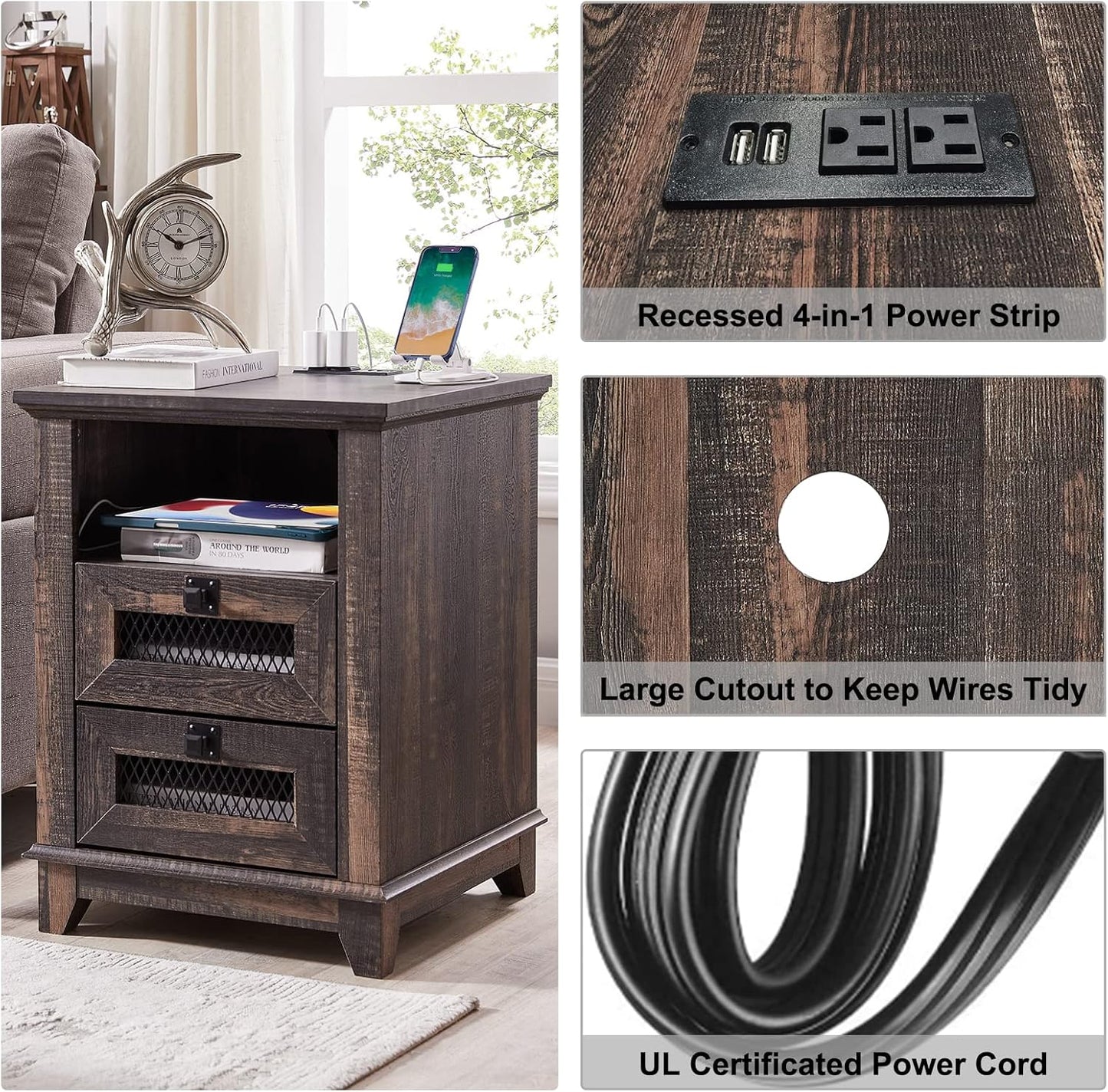 OKD Nightstand with Charging Station, 18'' Industrial & Farmhouse End Table with 2 Drawers & Open Cubby, Rustic Mesh Drawer Sofa Side Table w/Storage for Bedroom, Living Room, Office, Dark Rustic Oak