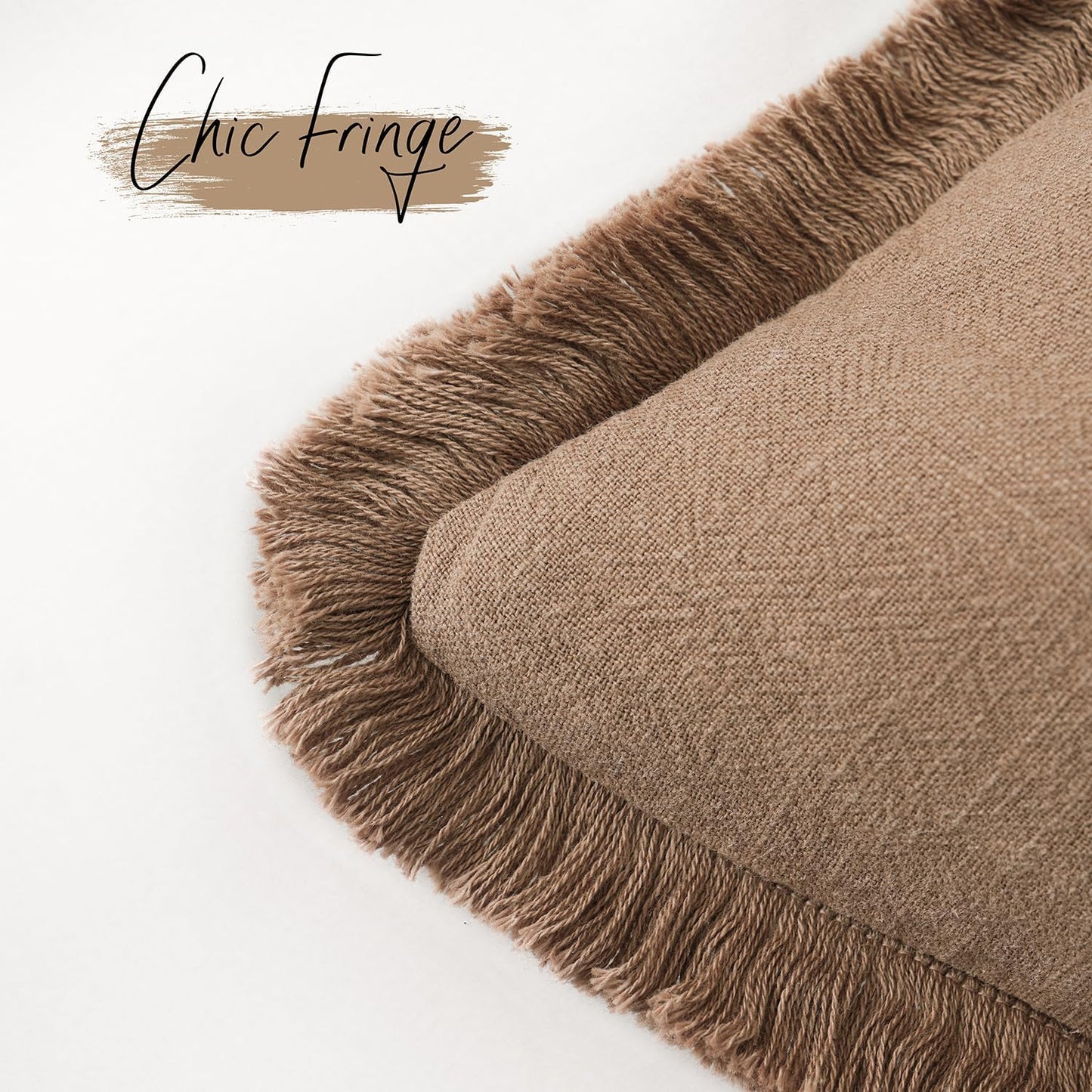 Foindtower Set of 2 Decorative Linen Fringe Throw Pillow Covers Cozy Boho Farmhouse Cushion Cover with Tassels Soft Accent Pillowcase for Couch Sofa Bed Living Room Home Decor, 16×16 Inch, Khaki Brown