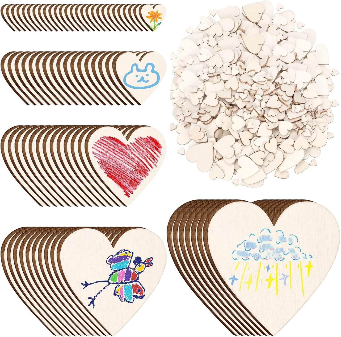 Hilitchi 300Pcs 5Sizes Unfinished Wooden Hearts Wood Hearts Craft Unfinished Wooden Hearts Ornanents Wooden Hearts Shape Blank Wood Ornaments Cutout Blank Wood for DIY Art Crafts Home Decorations