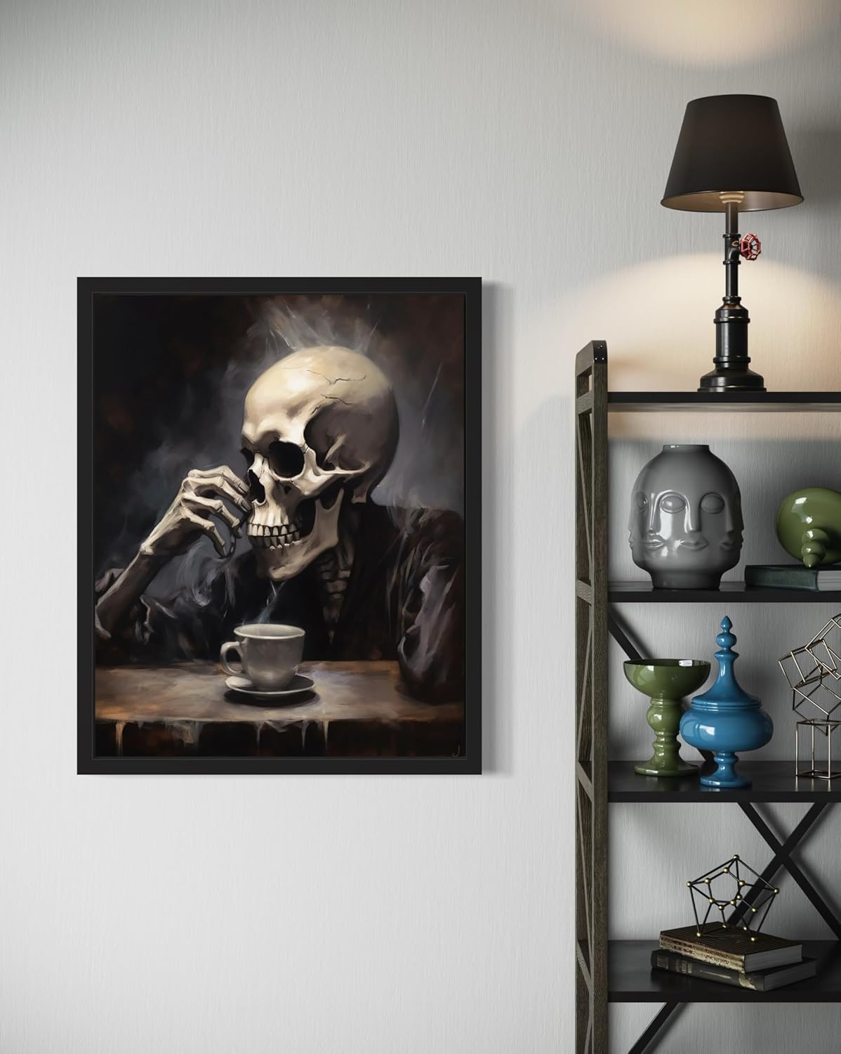 Skull Drinking Coffee Poster Art Print, Halloween Scary Vintage Wall Art Academia Spooky Painting Decoration for Horror Prints, Gothic Posters Bedroom Decor 89 (Skull Drinking Coffee, 8 x 10 inches, Black Frame)