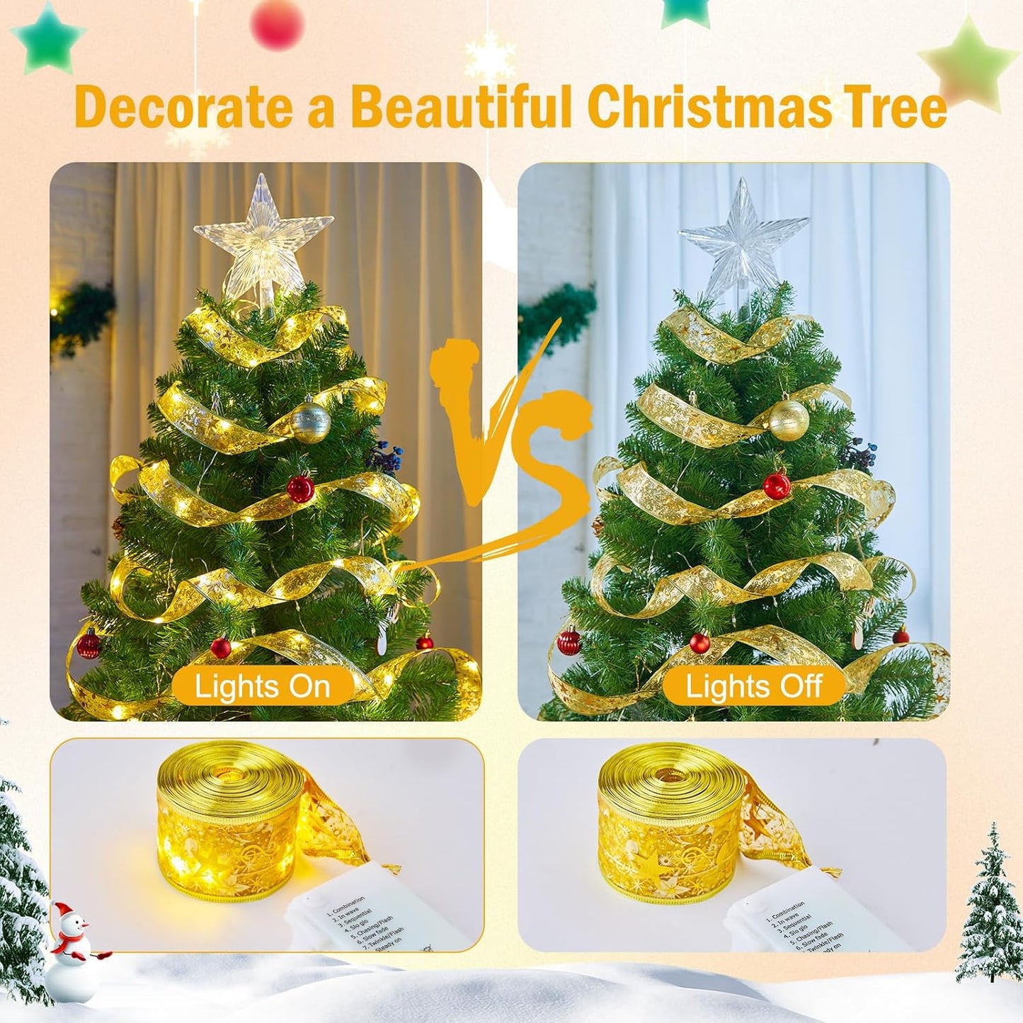 Minetom Christmas Tree Ribbon String Lights - 33ft 100 LED Battery Powered Fairy Lights with Timer and 8 Lighting Modes, Christmas Ribbon Bows Lights for 6ft - 8ft Christmas Tree New Year Decor, Gold