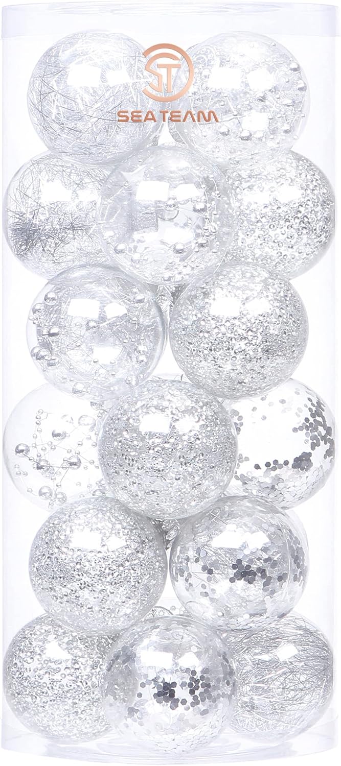 Sea Team 70mm/2.76" Shatterproof Clear Plastic Christmas Ball Ornaments Decorative Xmas Balls Baubles Set with Stuffed Delicate Decorations (24 Counts, Silver)